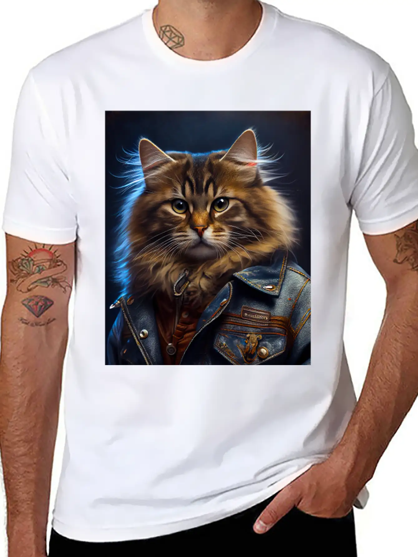 Siberian Cat Breed Portrait Wears A Leather Jacket Stylish Everyday T-Shirt – Unisex Basic Cotton Tee