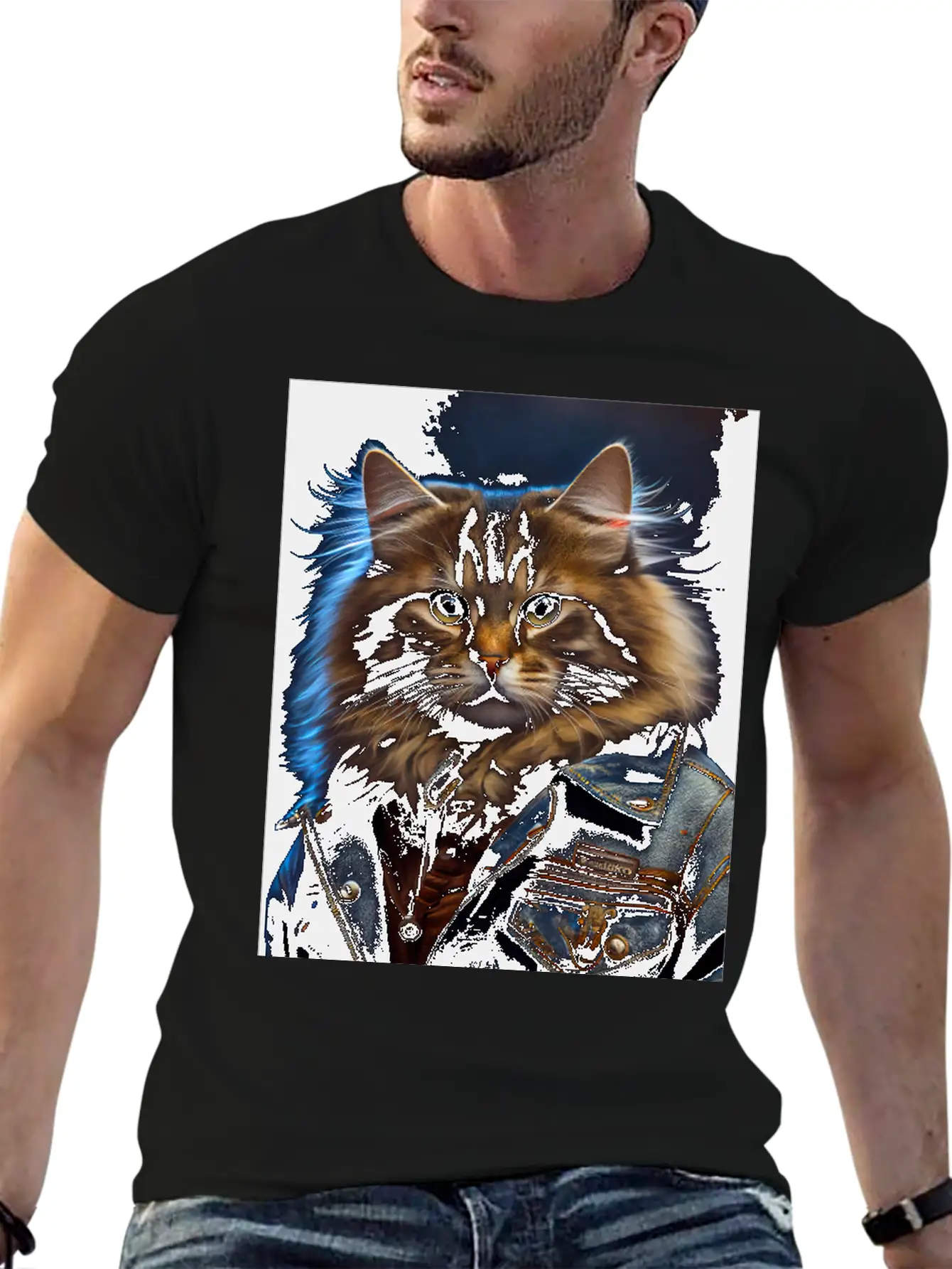 Siberian Cat Breed Portrait Wears A Leather Jacket Stylish Everyday T-Shirt – Unisex Basic Cotton Tee
