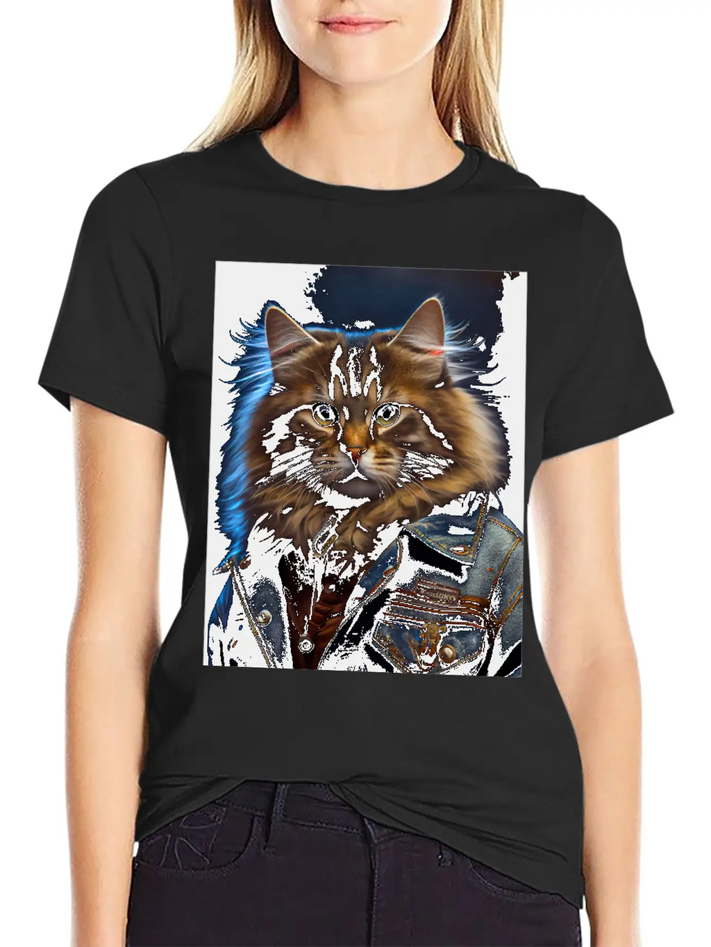 Siberian Cat Breed Portrait Wears A Leather Jacket Stylish Everyday T-Shirt – Unisex Basic Cotton Tee