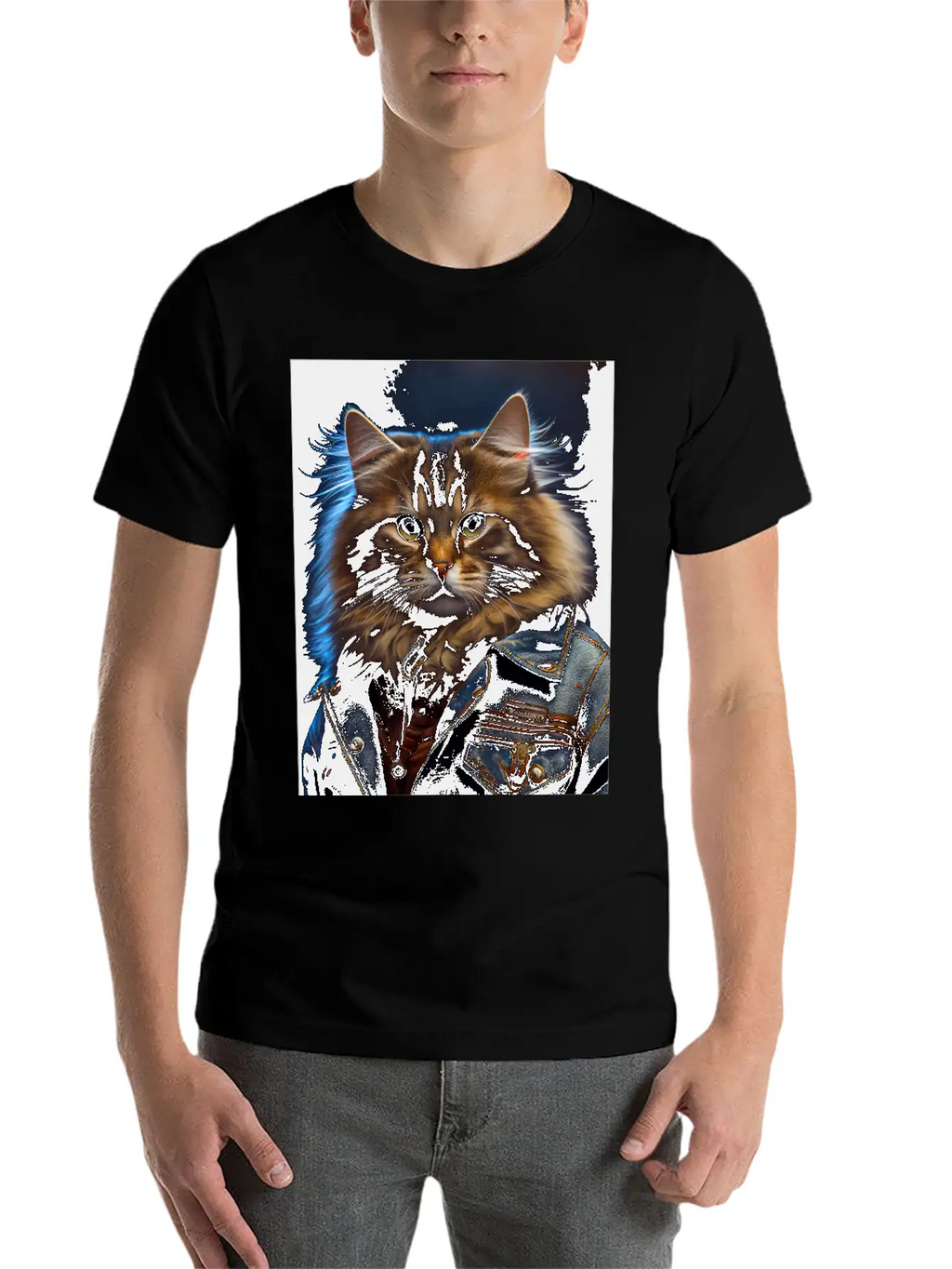 Siberian Cat Breed Portrait Wears A Leather Jacket Stylish Everyday T-Shirt – Unisex Basic Cotton Tee