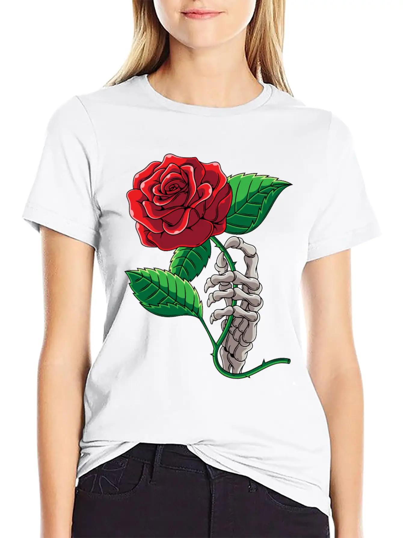 Skeleton Hand Red Rose Flower Romantic Aesthetic T Timeless Short Sleeve Tee – Comfy And Minimalist Design