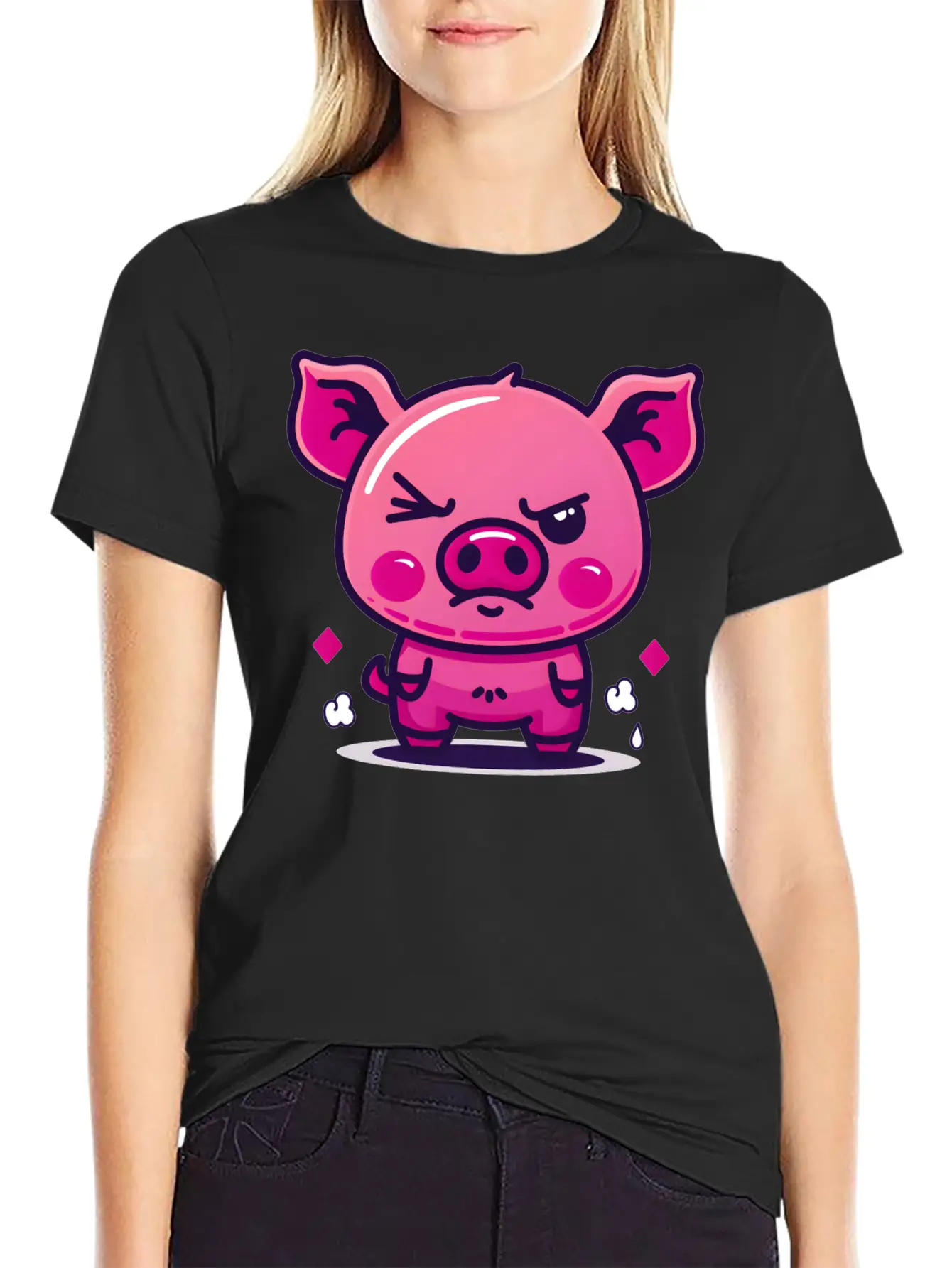Skeptical Swine - Funny Cute Frowning Pig Design Relaxed Everyday Tee – Lightweight And Durable Cotton