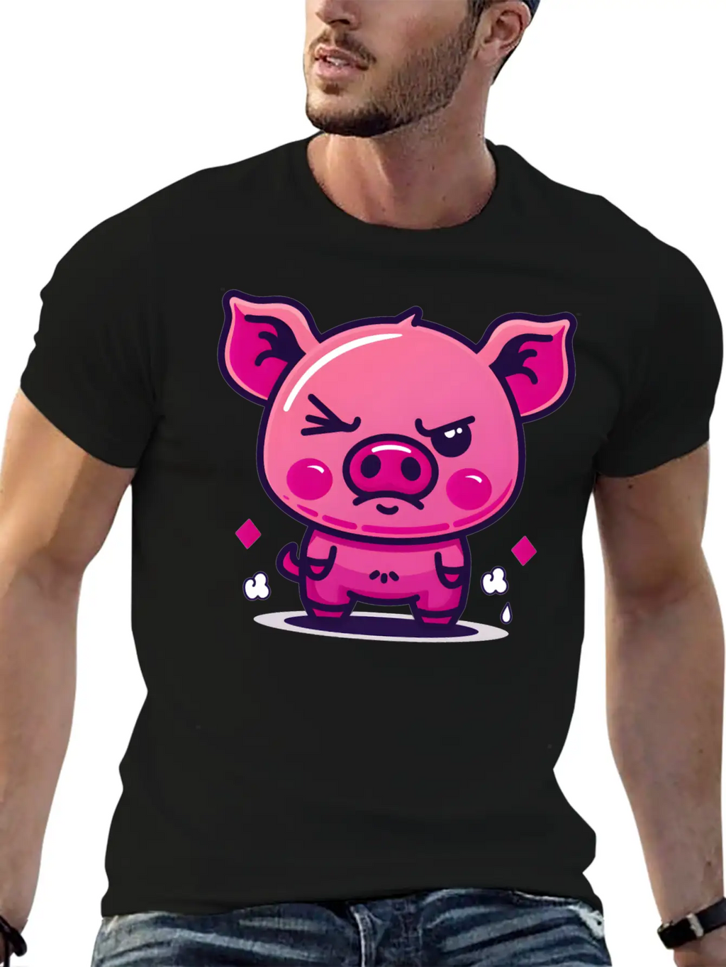 Skeptical Swine - Funny Cute Frowning Pig Design Relaxed Everyday Tee – Lightweight And Durable Cotton