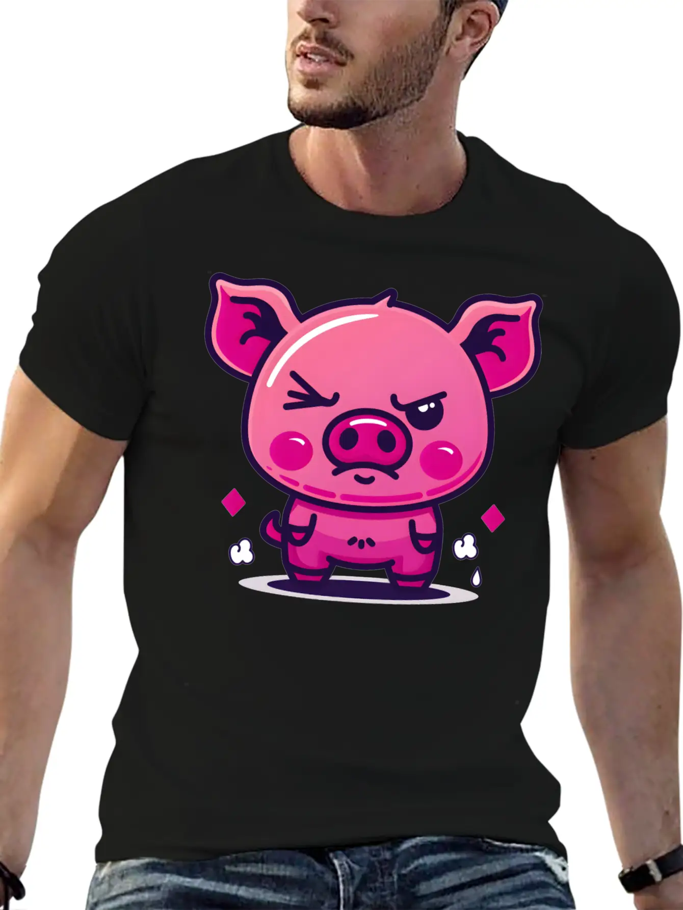 Skeptical Swine - Funny Cute Frowning Pig Design Relaxed Everyday Tee – Lightweight And Durable Cotton