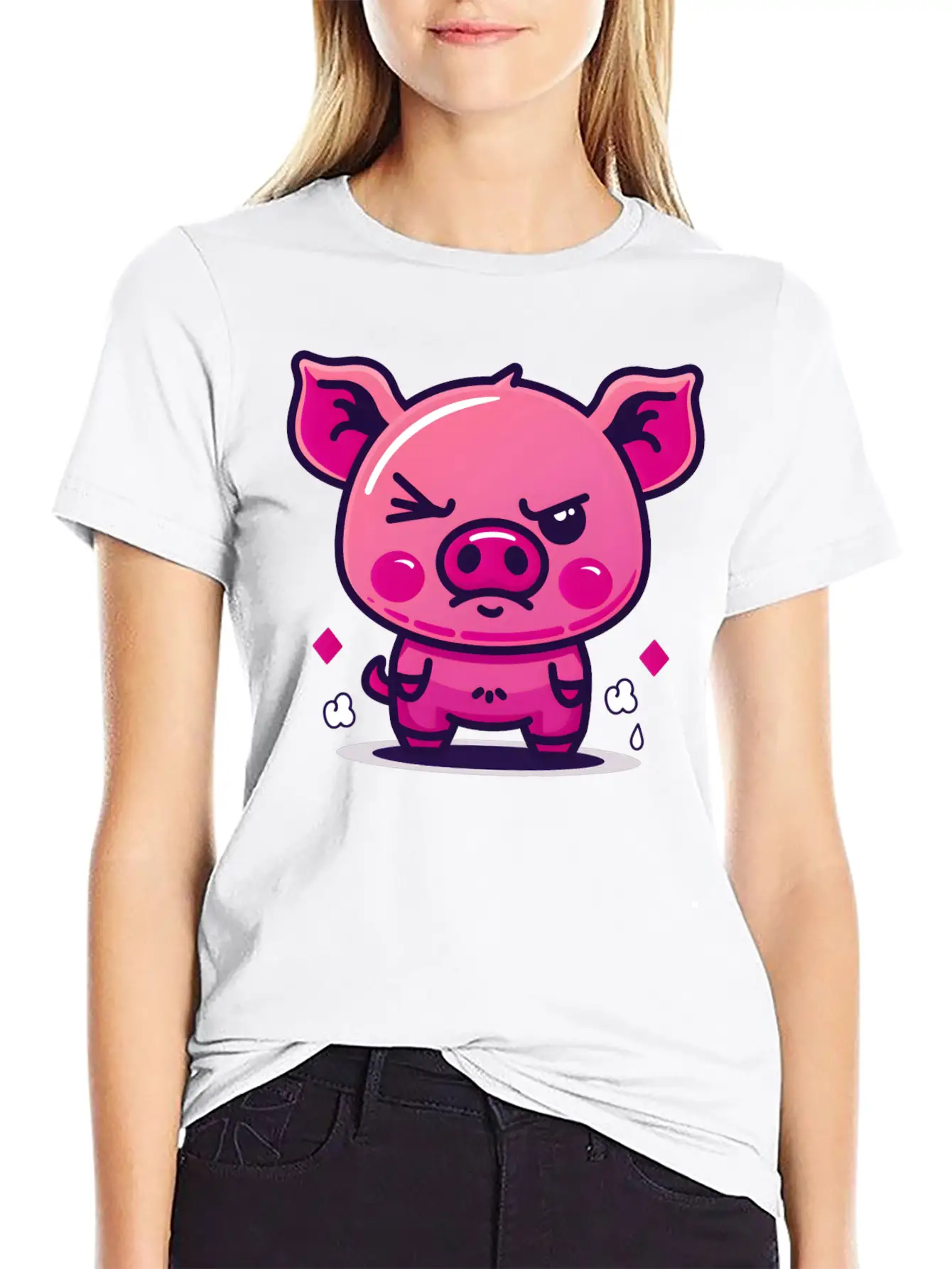 Skeptical Swine - Funny Cute Frowning Pig Design Relaxed Everyday Tee – Lightweight And Durable Cotton