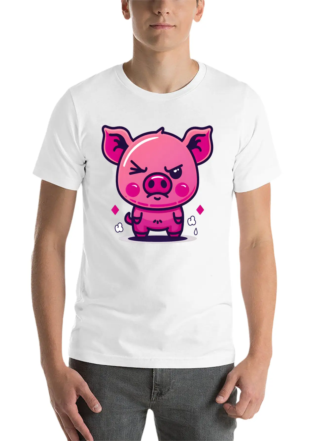Skeptical Swine - Funny Cute Frowning Pig Design Relaxed Everyday Tee – Lightweight And Durable Cotton