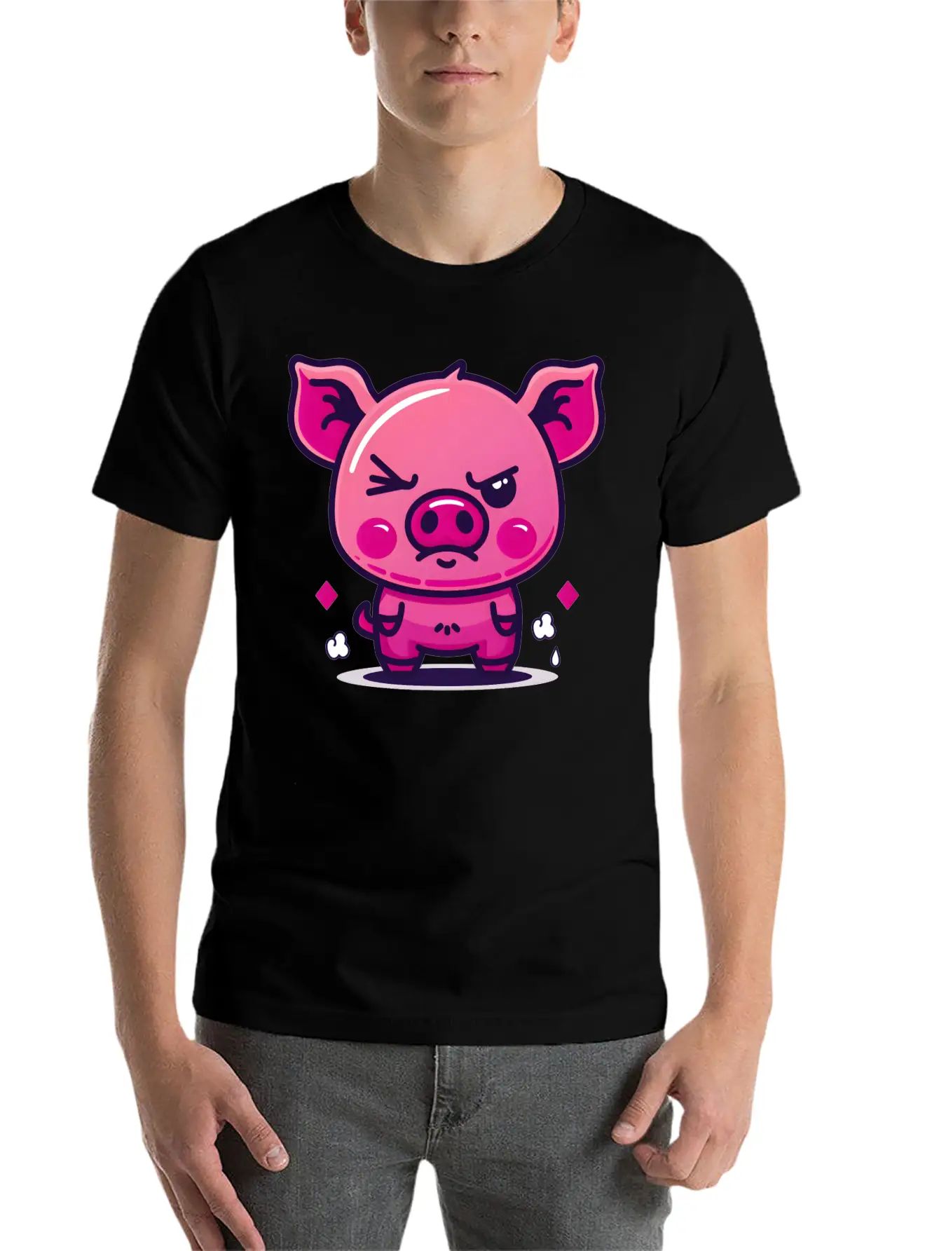 Skeptical Swine - Funny Cute Frowning Pig Design Relaxed Everyday Tee – Lightweight And Durable Cotton