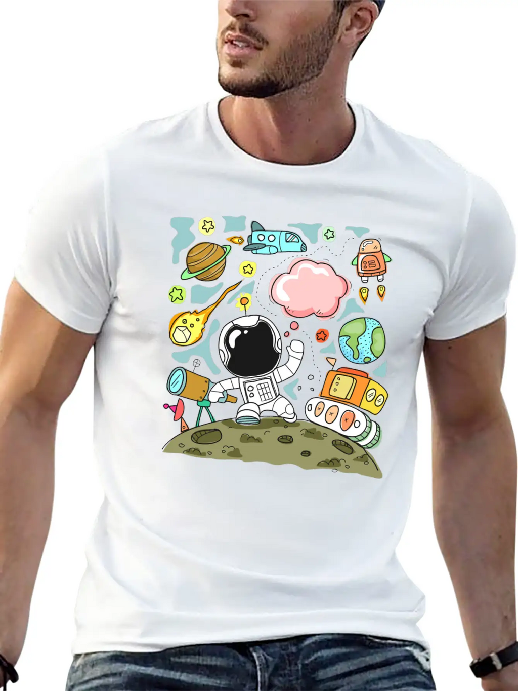 Sketch Space Travel Basic Graphic T-Shirt – Daily Comfort In Soft Cotton