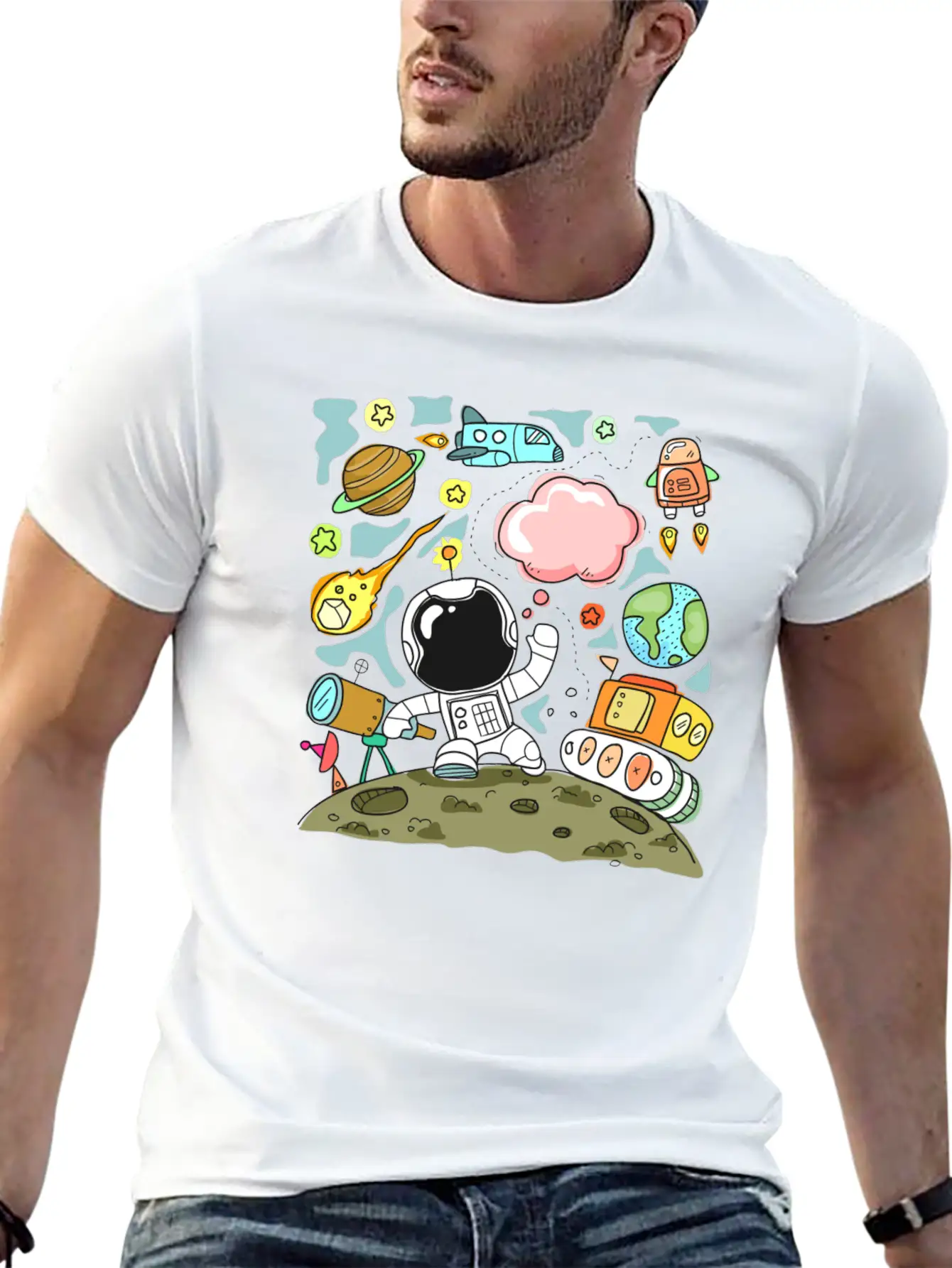 Sketch Space Travel Basic Graphic T-Shirt – Daily Comfort In Soft Cotton