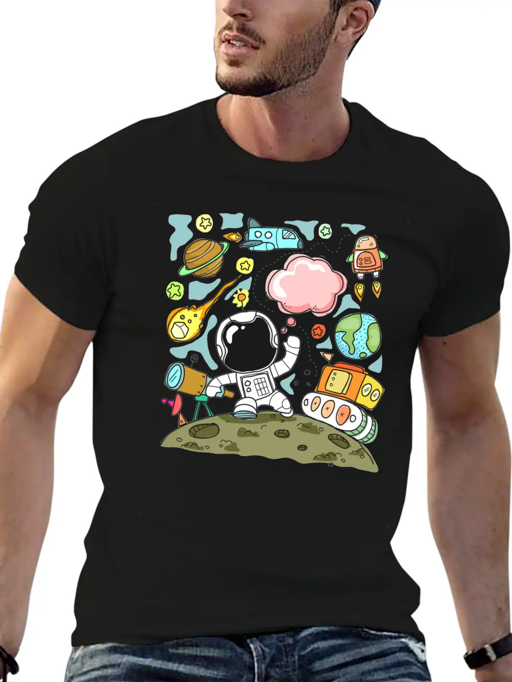 Sketch Space Travel Basic Graphic T-Shirt – Daily Comfort In Soft Cotton