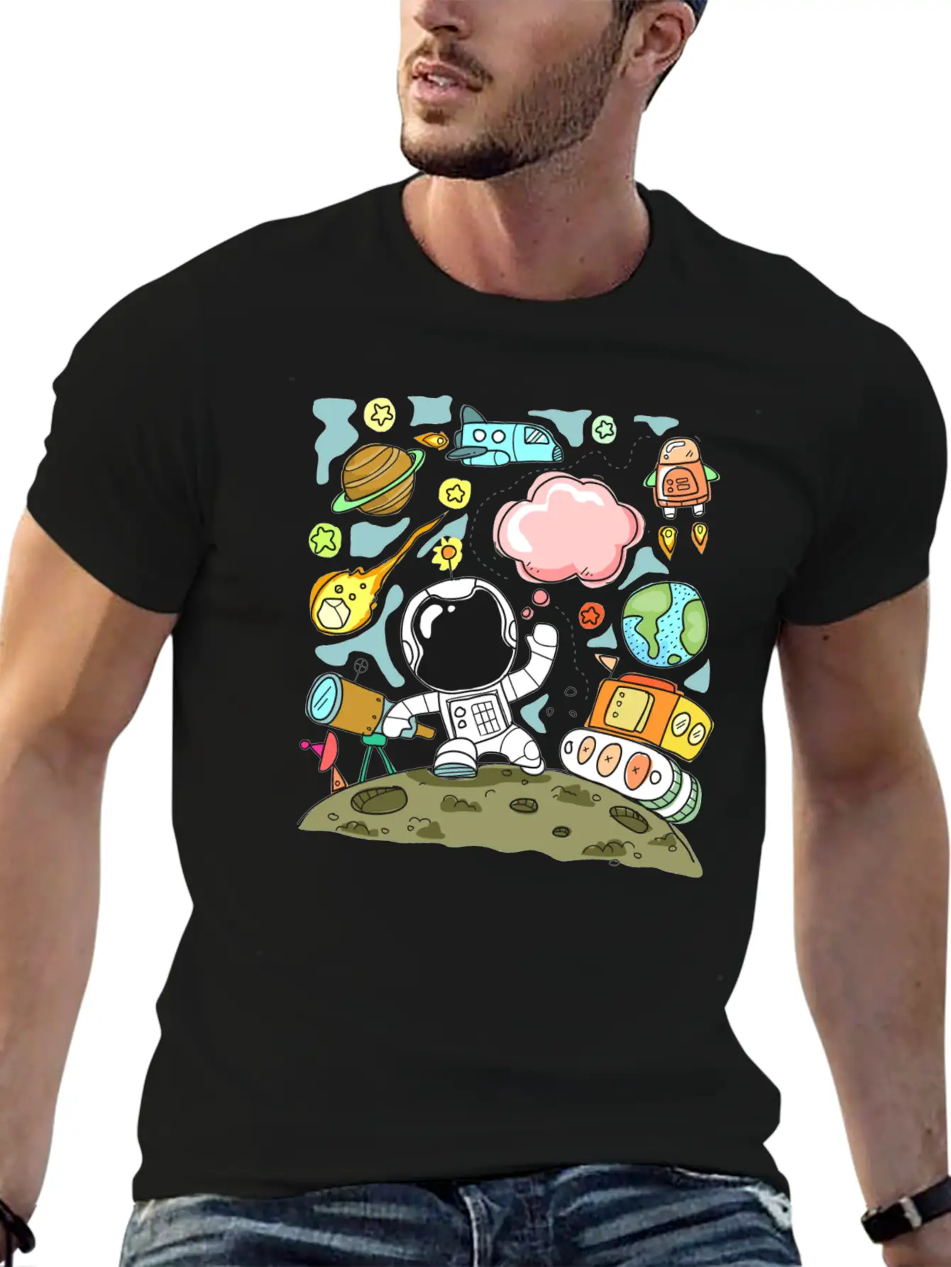 Sketch Space Travel Basic Graphic T-Shirt – Daily Comfort In Soft Cotton