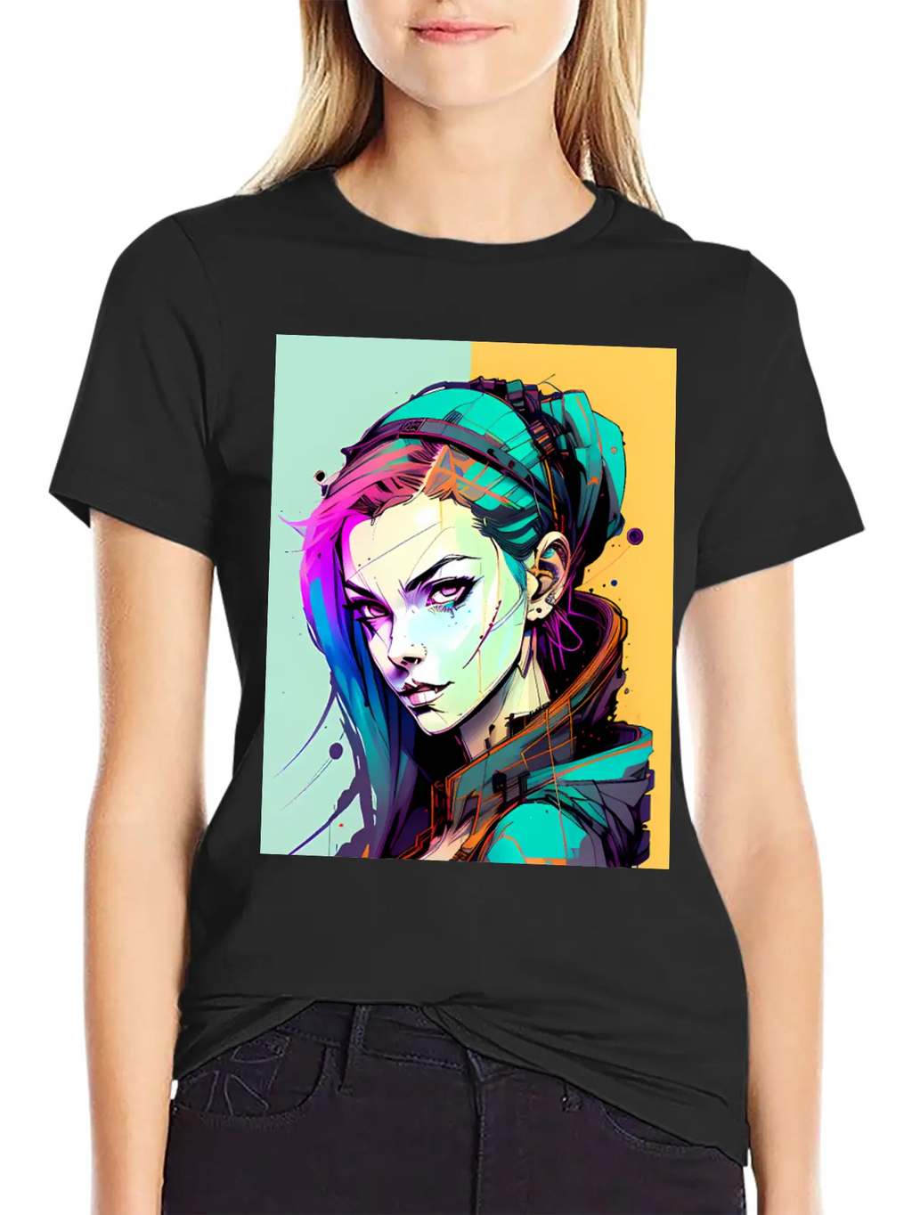 Sleek And Stylish Cyberpunk Girl In Hoodie Jacket Unisex Casual T-Shirt – Clean Design For Daily Comfort