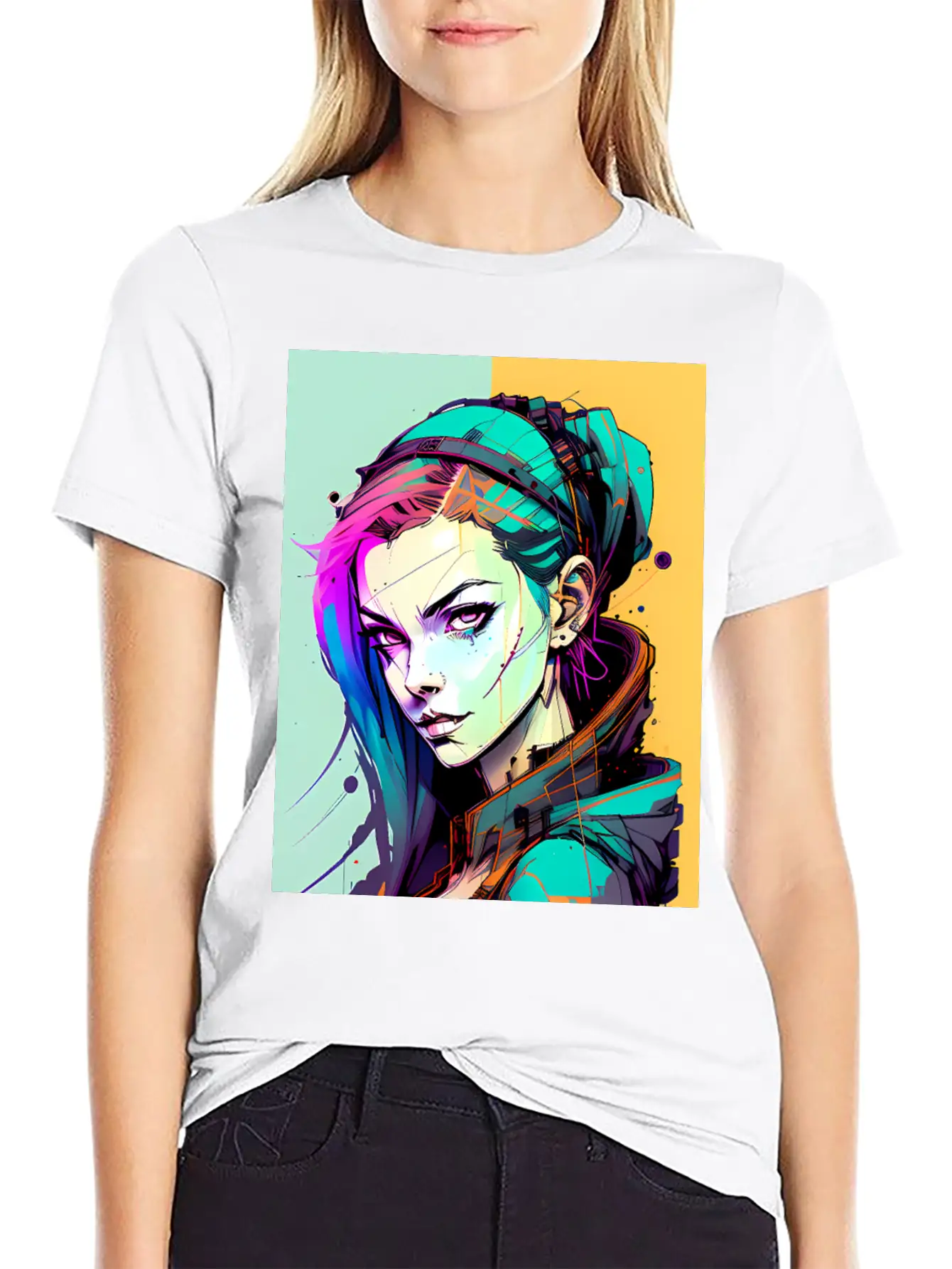 Sleek And Stylish Cyberpunk Girl In Hoodie Jacket Unisex Casual T-Shirt – Clean Design For Daily Comfort