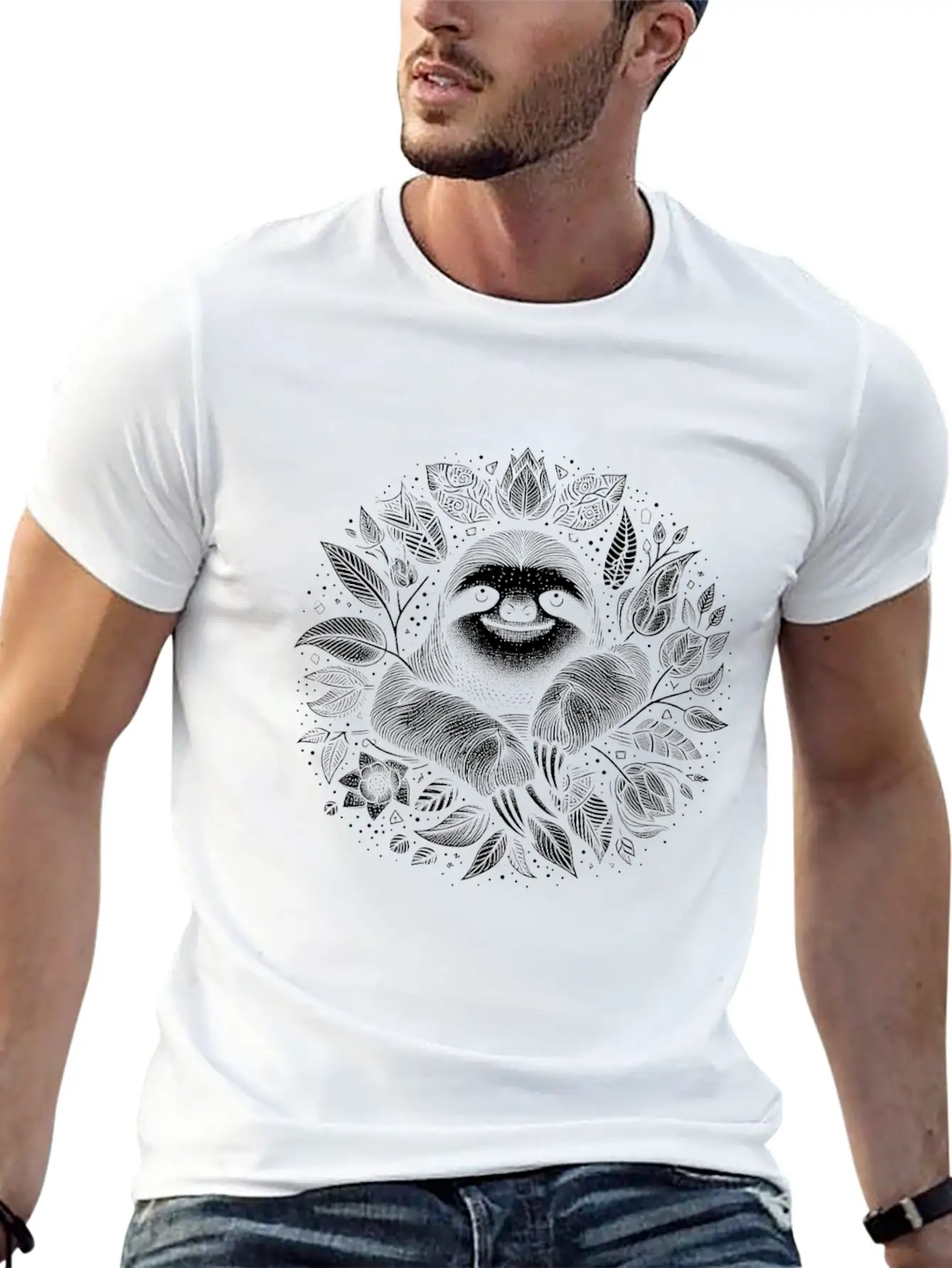 Sloth Line Art Floral Cute Silhouette Breathable Soft Cotton T-Shirt – Timeless Casual Look