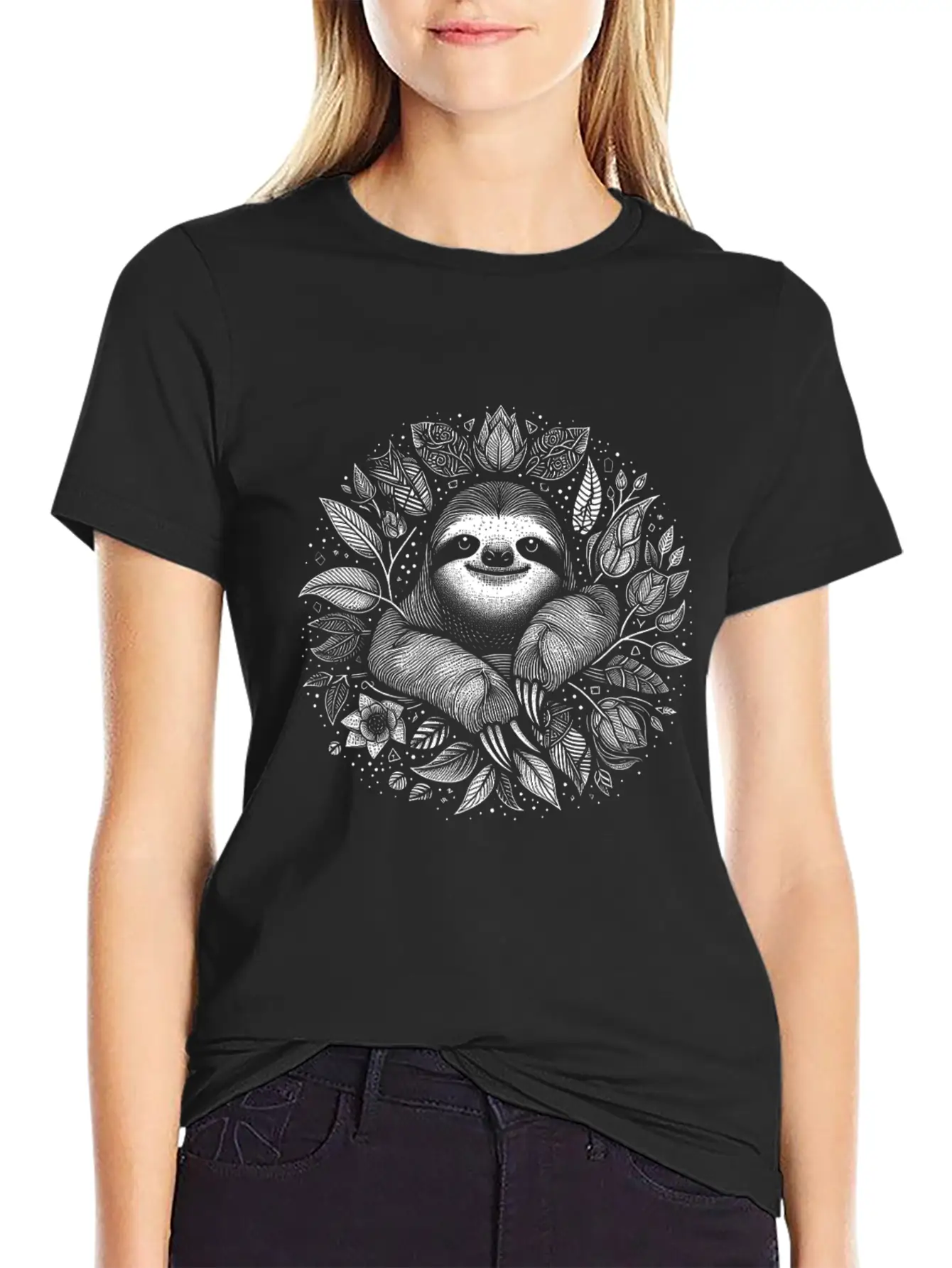 Sloth Line Art Floral Cute Silhouette Breathable Soft Cotton T-Shirt – Timeless Casual Look