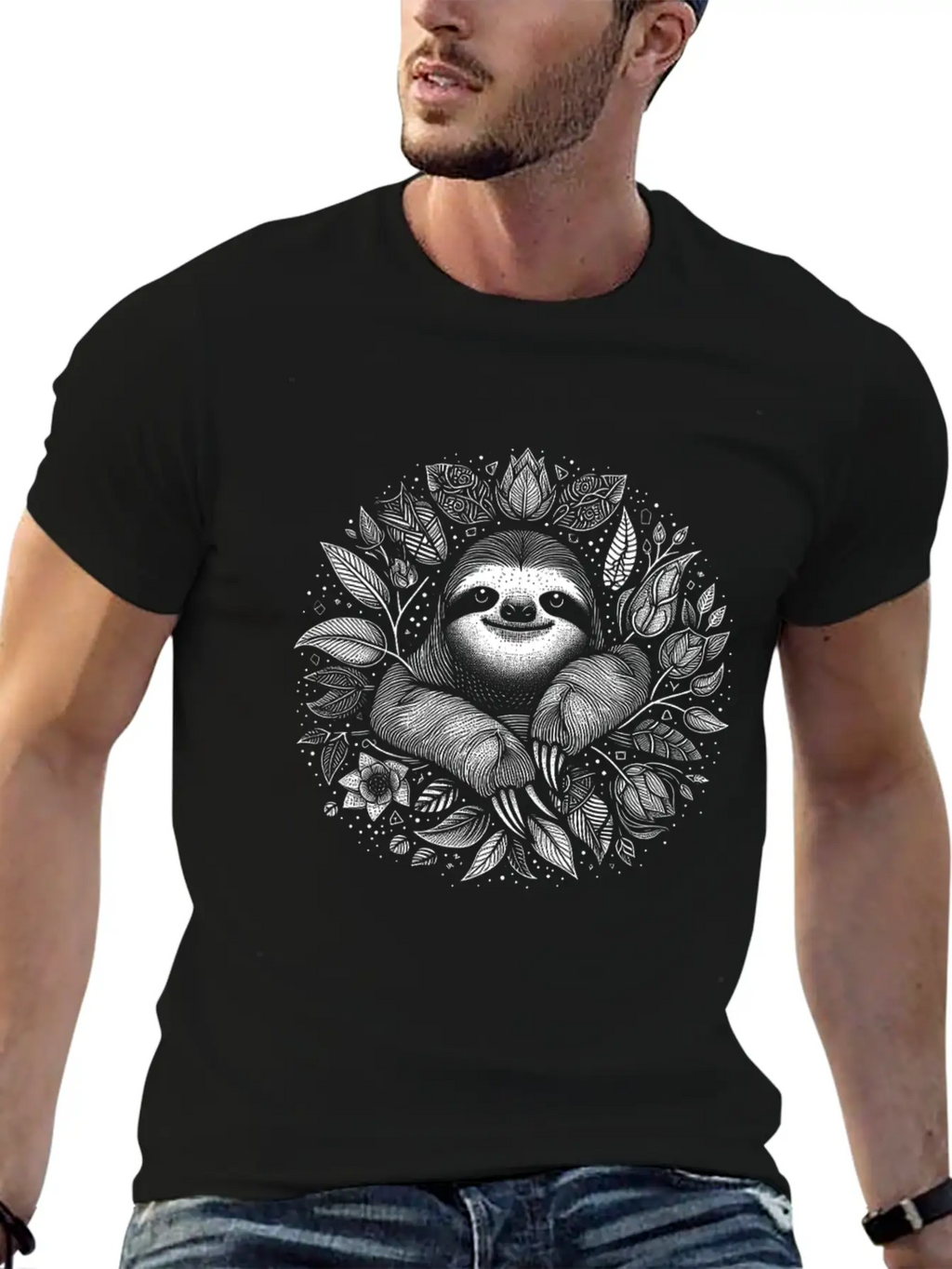 Sloth Line Art Floral Cute Silhouette Breathable Soft Cotton T-Shirt – Timeless Casual Look
