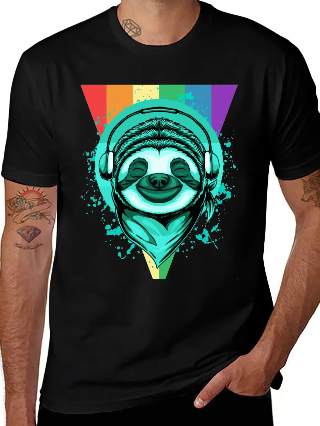 Sloth With Headphones And A Rainbow Basic Graphic T-Shirt – Daily Comfort In Soft Cotton
