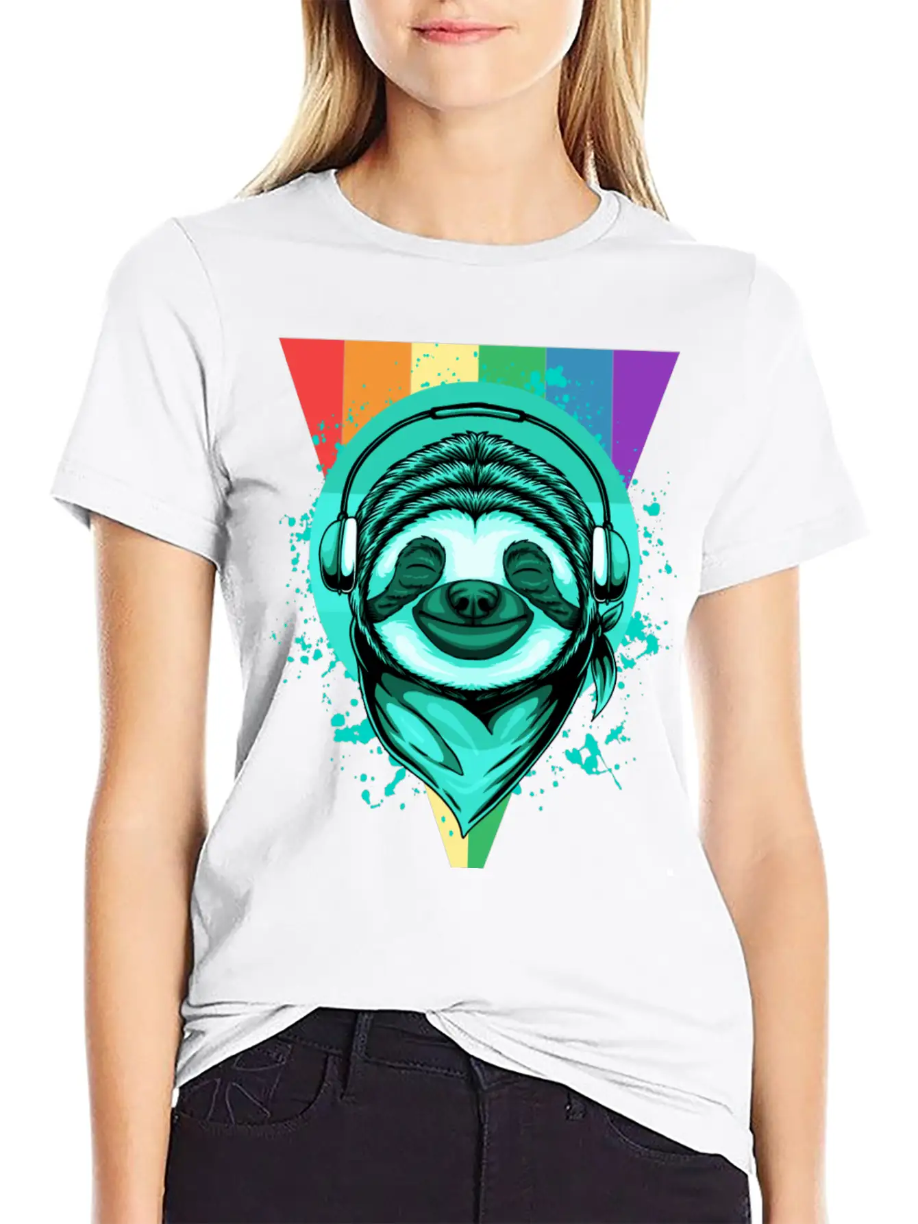 Sloth With Headphones And A Rainbow Basic Graphic T-Shirt – Daily Comfort In Soft Cotton
