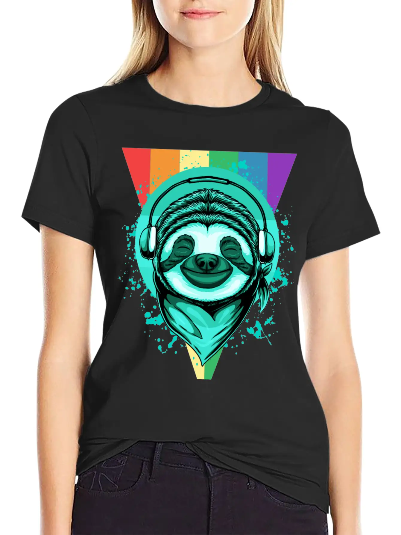 Sloth With Headphones And A Rainbow Basic Graphic T-Shirt – Daily Comfort In Soft Cotton