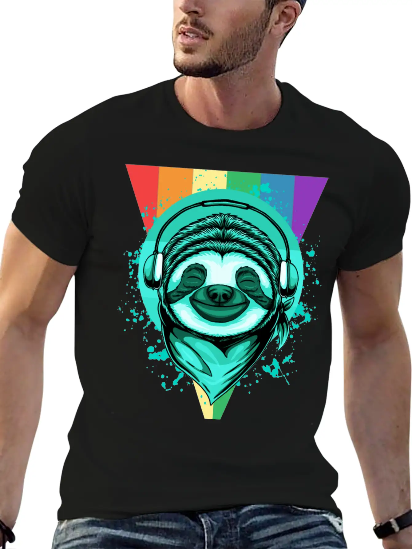 Sloth With Headphones And A Rainbow Basic Graphic T-Shirt – Daily Comfort In Soft Cotton