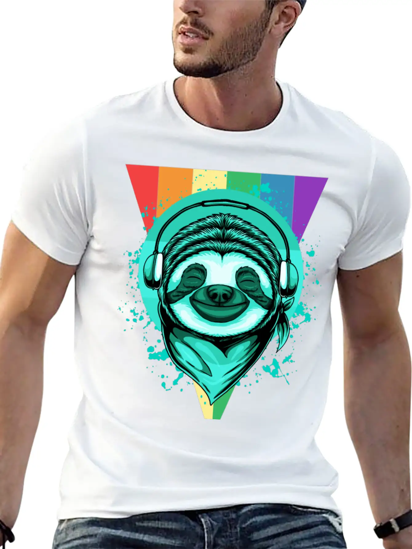 Sloth With Headphones And A Rainbow Basic Graphic T-Shirt – Daily Comfort In Soft Cotton
