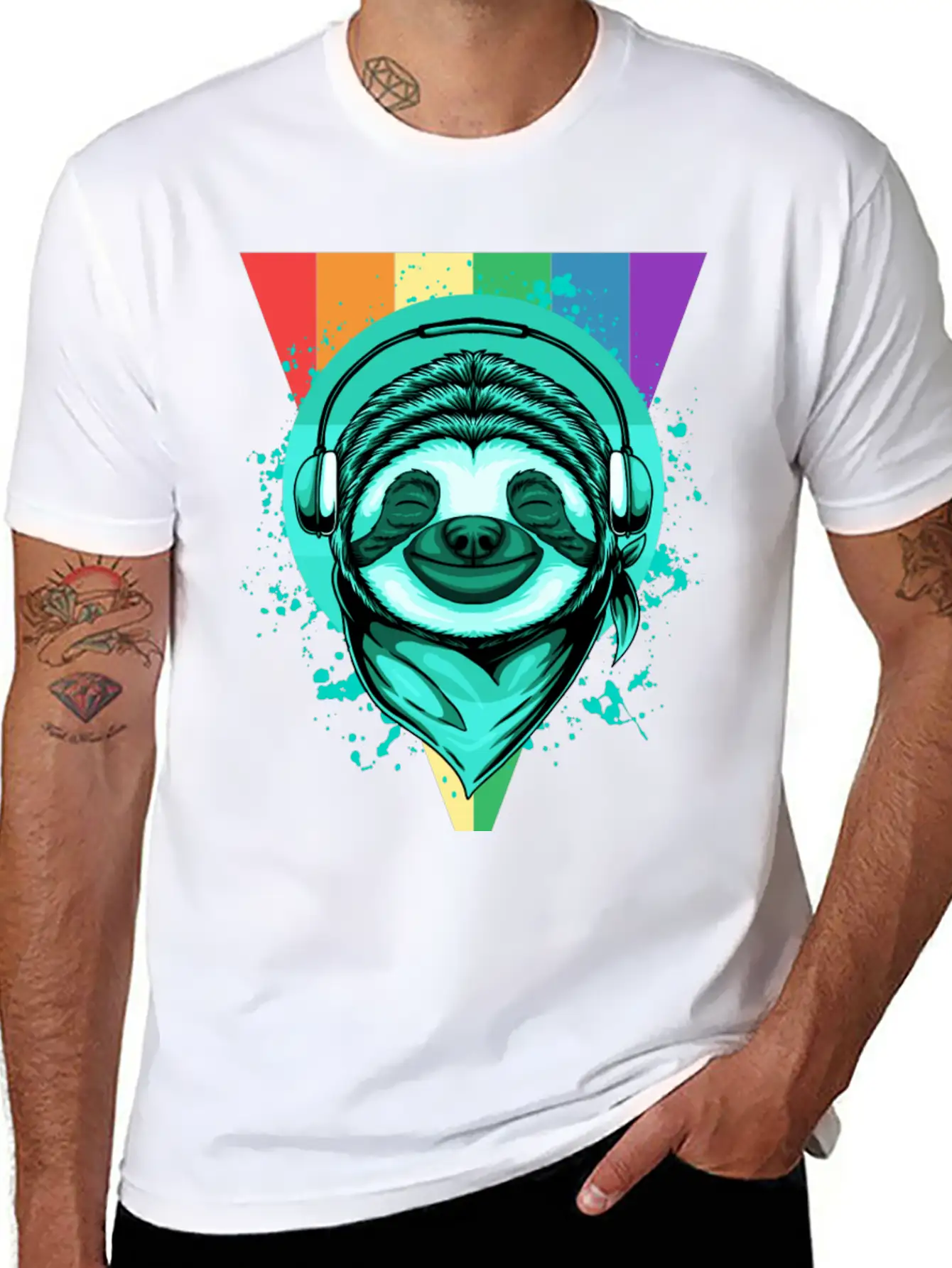 Sloth With Headphones And A Rainbow Basic Graphic T-Shirt – Daily Comfort In Soft Cotton