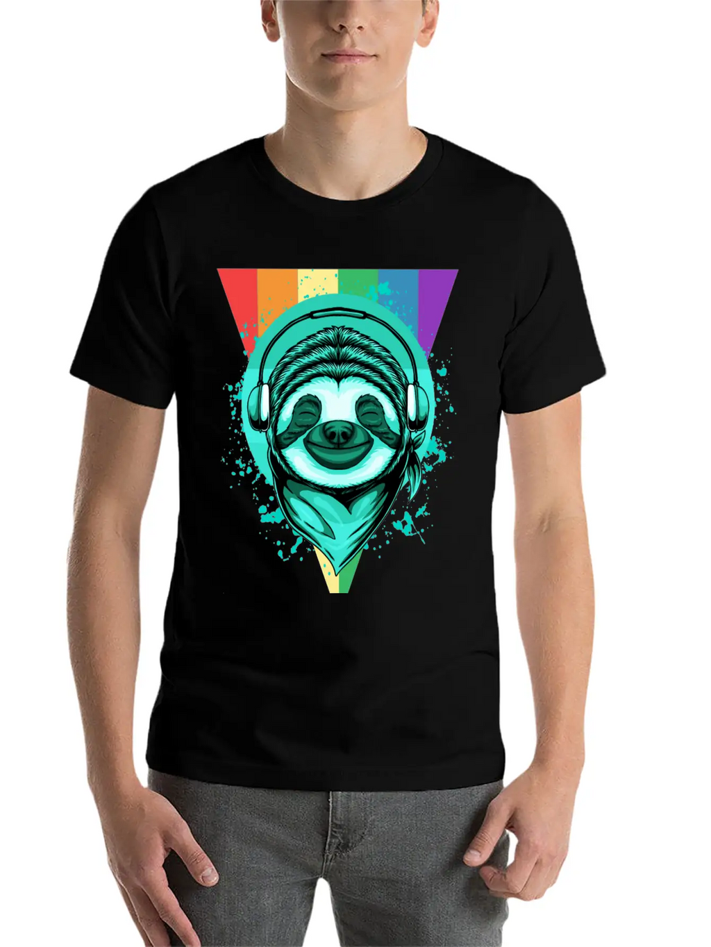 Sloth With Headphones And A Rainbow Basic Graphic T-Shirt – Daily Comfort In Soft Cotton