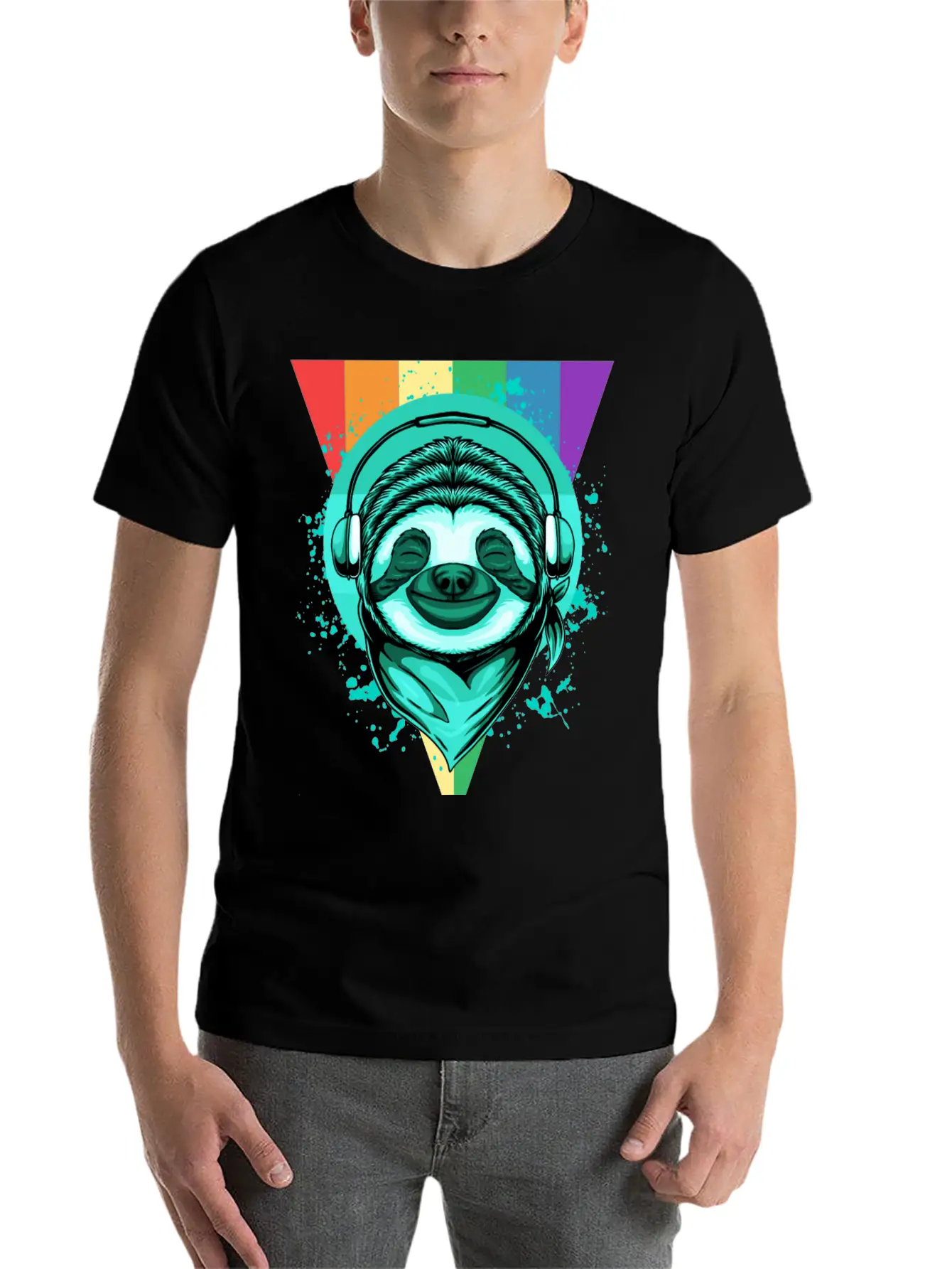 Sloth With Headphones And A Rainbow Basic Graphic T-Shirt – Daily Comfort In Soft Cotton