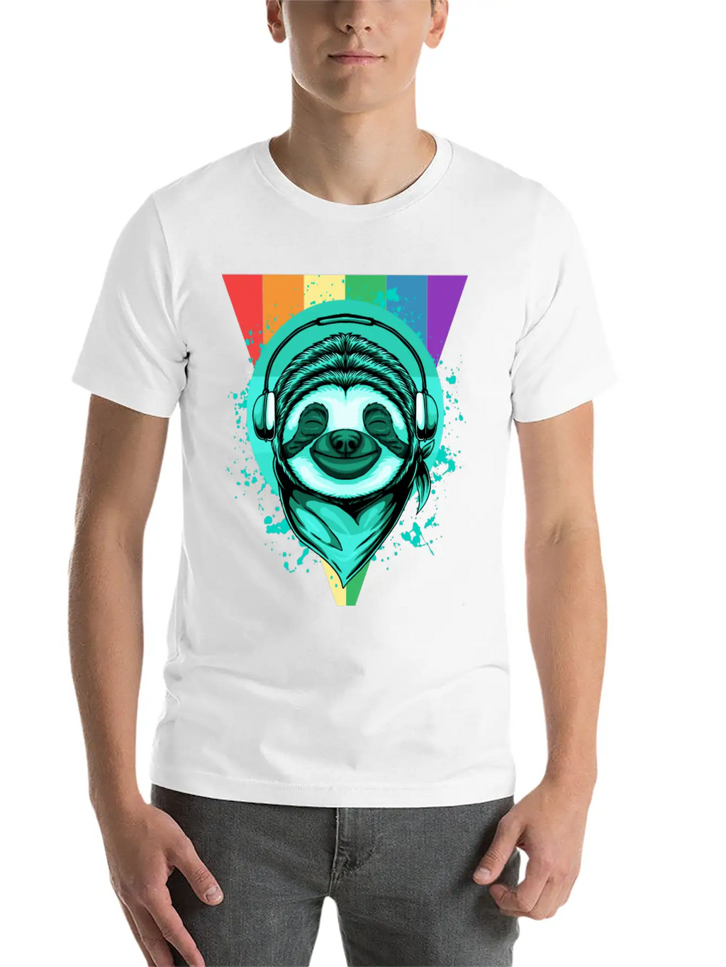 Sloth With Headphones And A Rainbow Basic Graphic T-Shirt – Daily Comfort In Soft Cotton