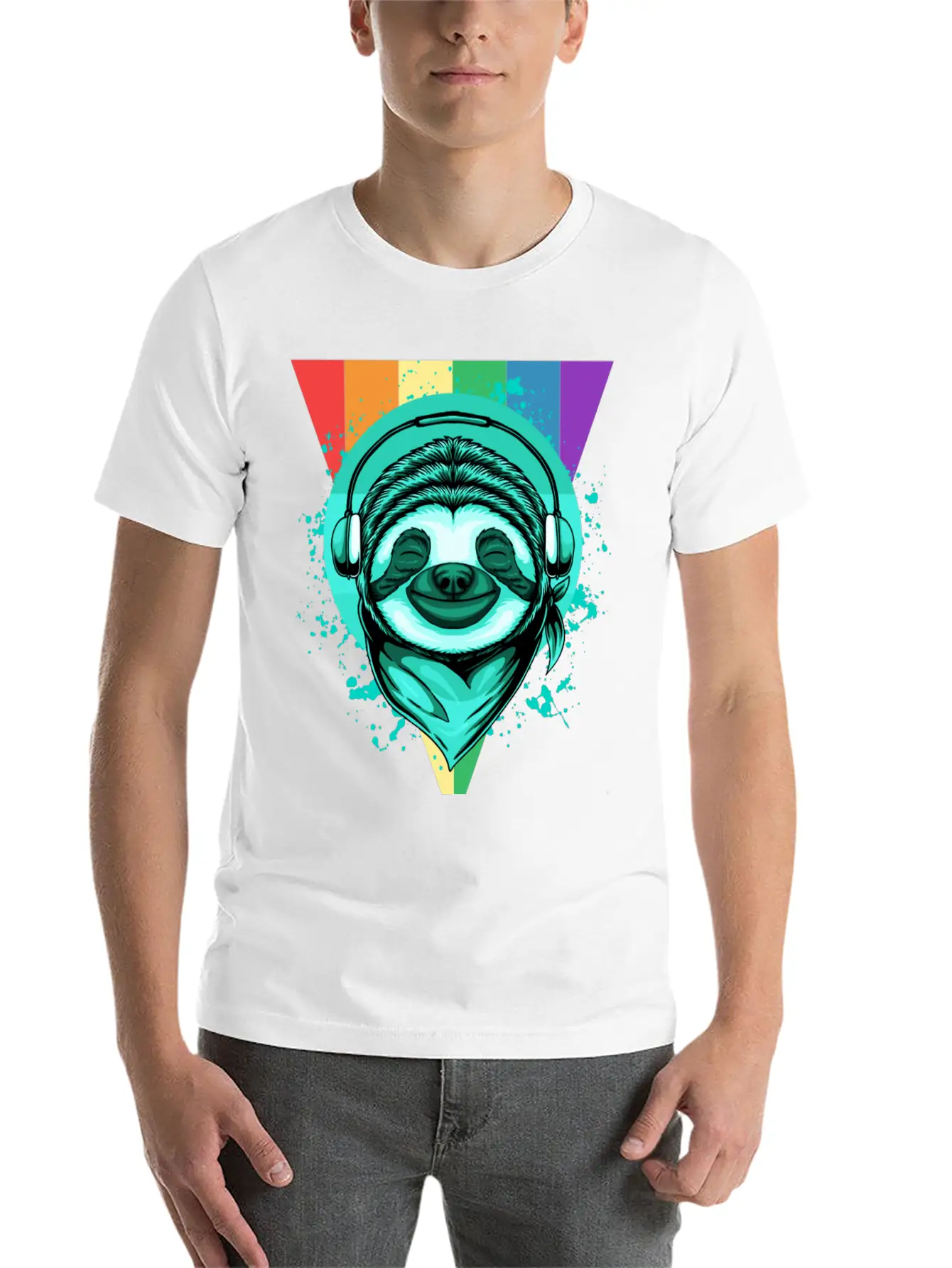 Sloth With Headphones And A Rainbow Basic Graphic T-Shirt – Daily Comfort In Soft Cotton