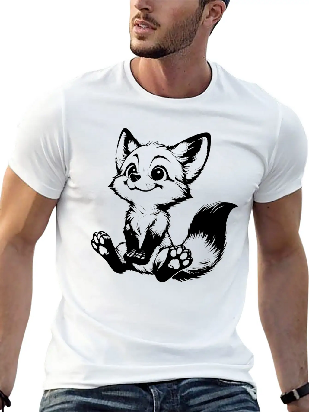 Smiling Sitting Fox Baby Line Drawing Unisex Casual T-Shirt – Clean Design For Daily Comfort