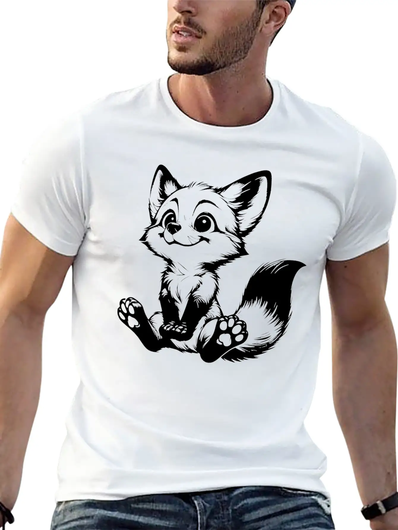 Smiling Sitting Fox Baby Line Drawing Unisex Casual T-Shirt – Clean Design For Daily Comfort