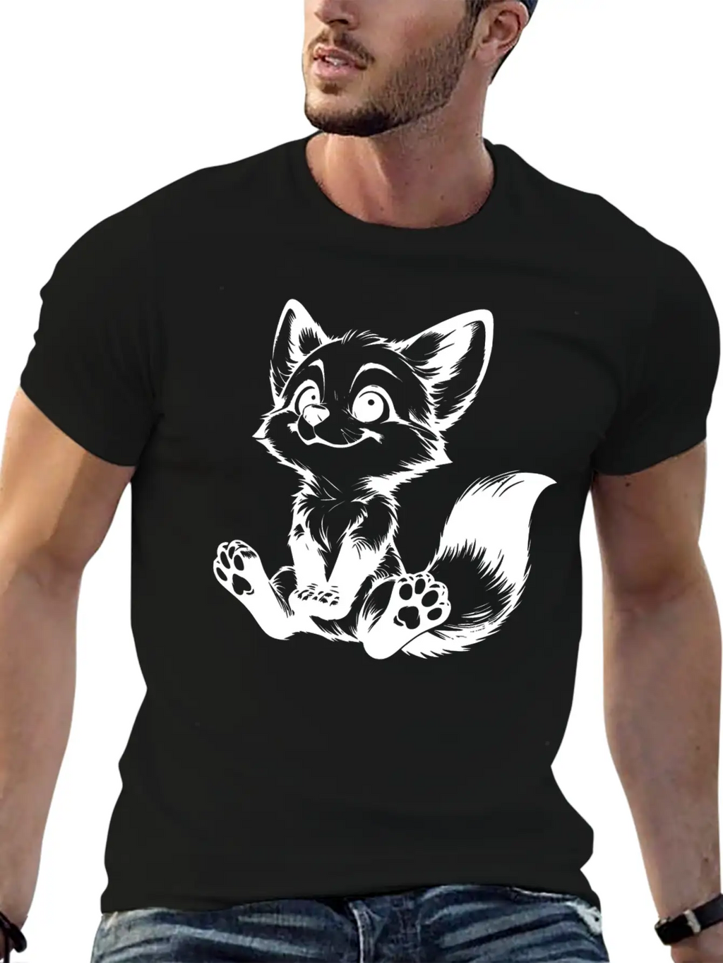 Smiling Sitting Fox Baby Line Drawing Unisex Casual T-Shirt – Clean Design For Daily Comfort