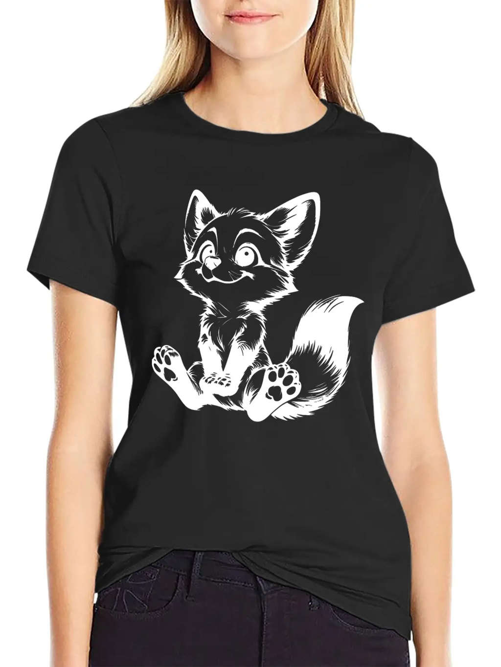Smiling Sitting Fox Baby Line Drawing Unisex Casual T-Shirt – Clean Design For Daily Comfort