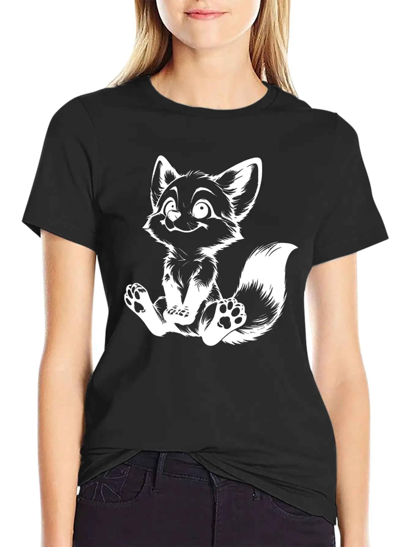 Smiling Sitting Fox Baby Line Drawing Unisex Casual T-Shirt – Clean Design For Daily Comfort