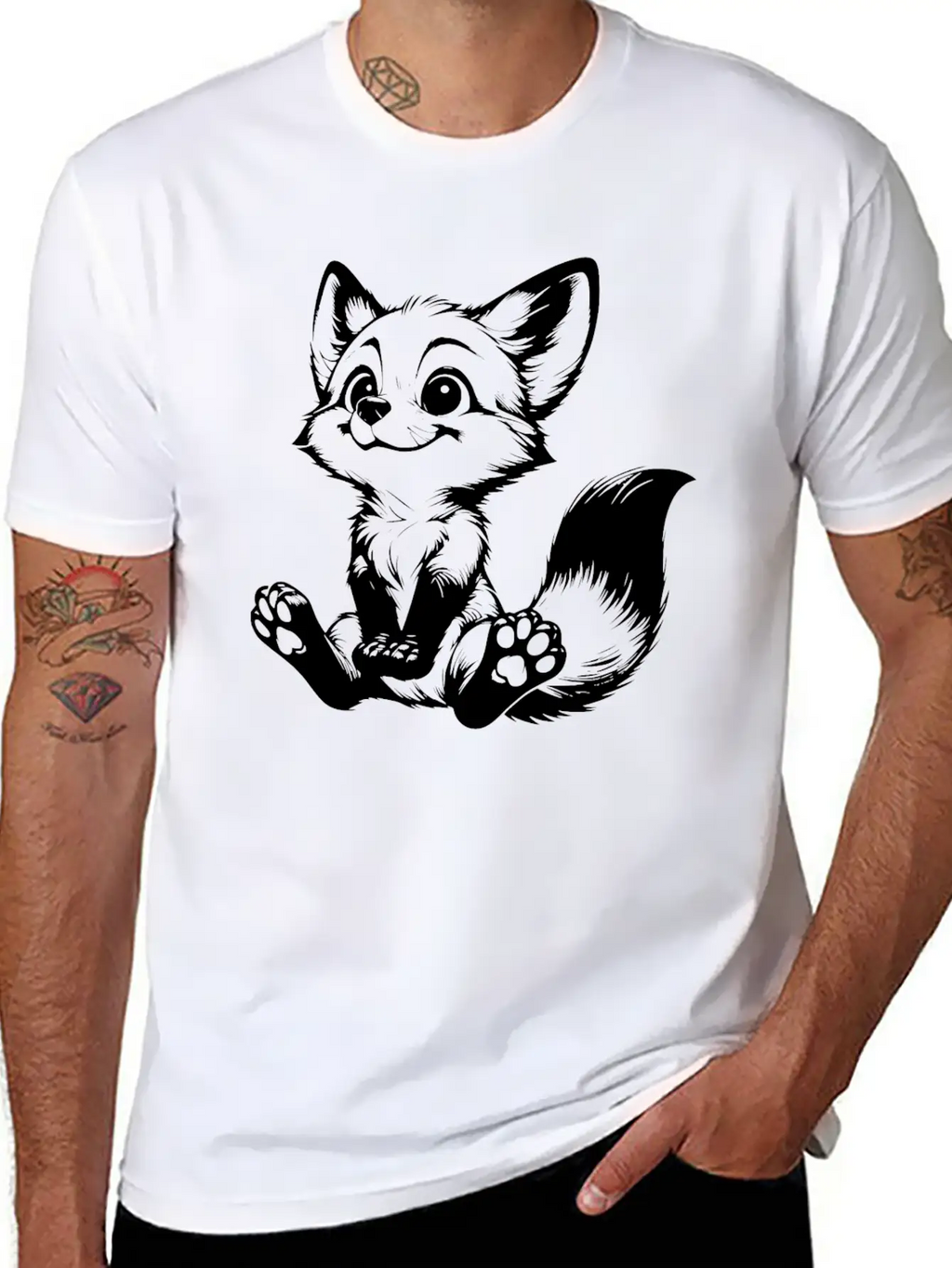 Smiling Sitting Fox Baby Line Drawing Unisex Casual T-Shirt – Clean Design For Daily Comfort