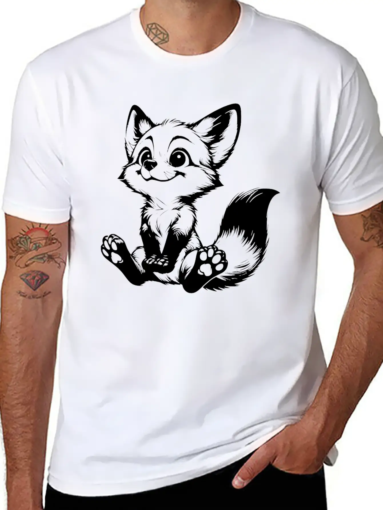 Smiling Sitting Fox Baby Line Drawing Unisex Casual T-Shirt – Clean Design For Daily Comfort