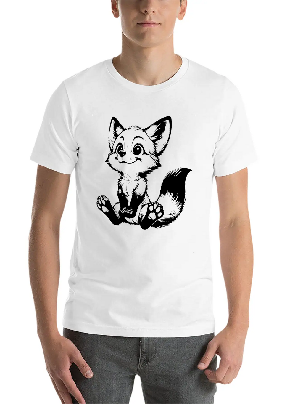 Smiling Sitting Fox Baby Line Drawing Unisex Casual T-Shirt – Clean Design For Daily Comfort