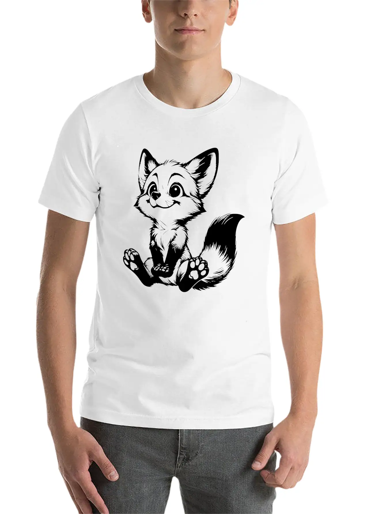 Smiling Sitting Fox Baby Line Drawing Unisex Casual T-Shirt – Clean Design For Daily Comfort