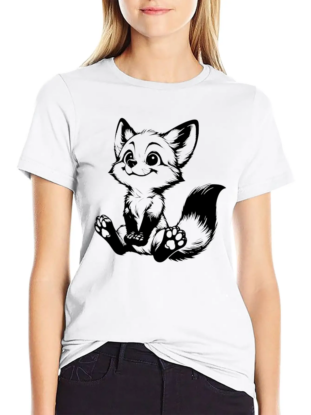 Smiling Sitting Fox Baby Line Drawing Unisex Casual T-Shirt – Clean Design For Daily Comfort