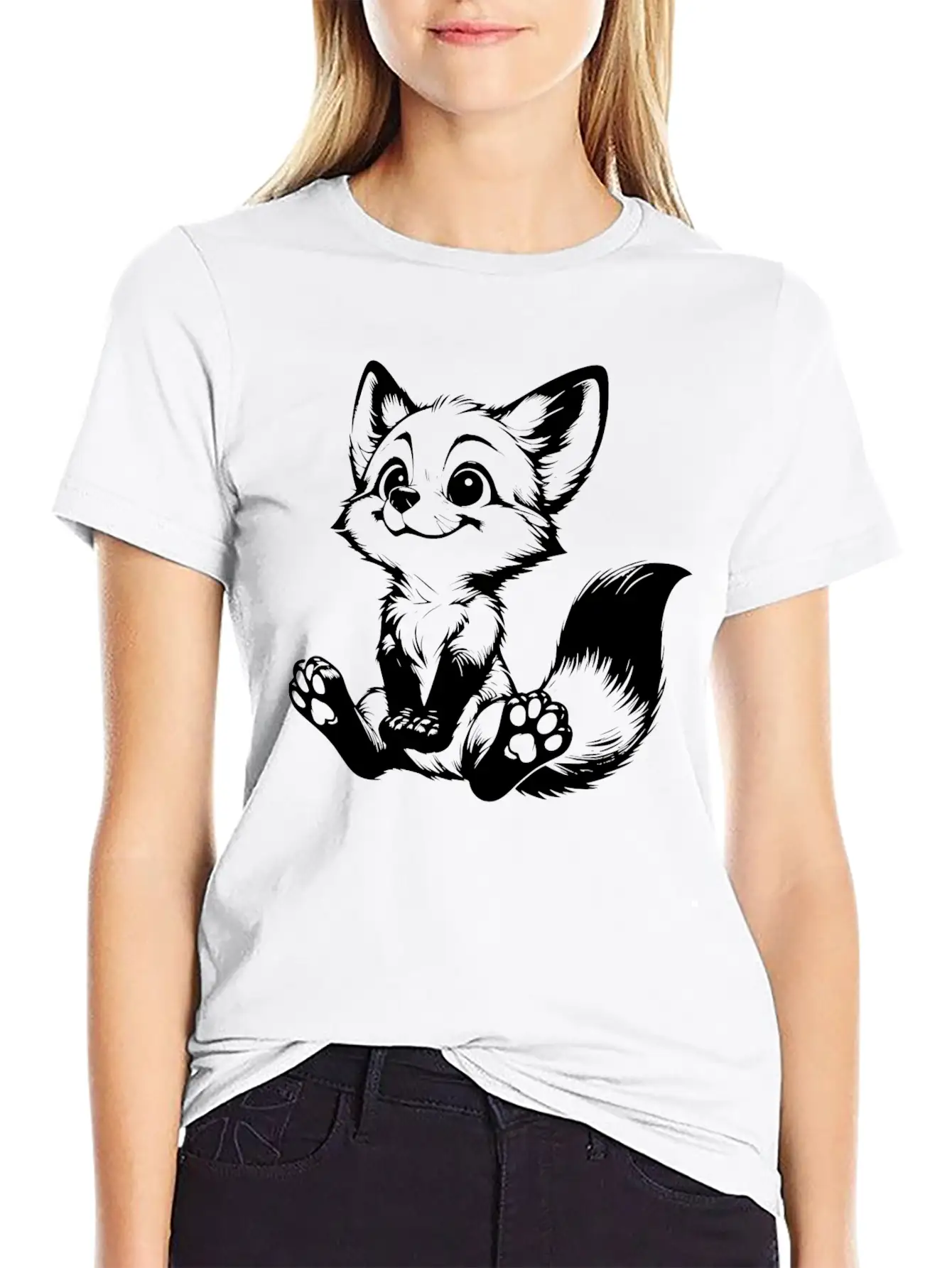 Smiling Sitting Fox Baby Line Drawing Unisex Casual T-Shirt – Clean Design For Daily Comfort
