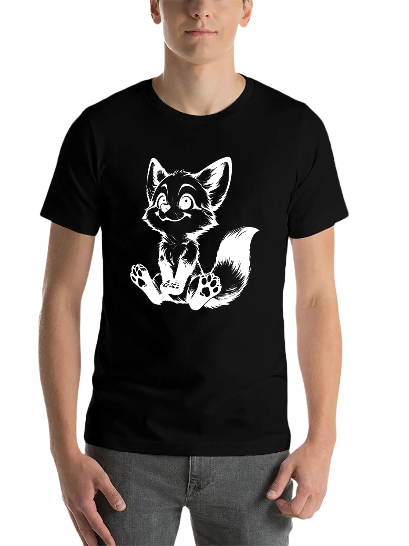Smiling Sitting Fox Baby Line Drawing Unisex Casual T-Shirt – Clean Design For Daily Comfort