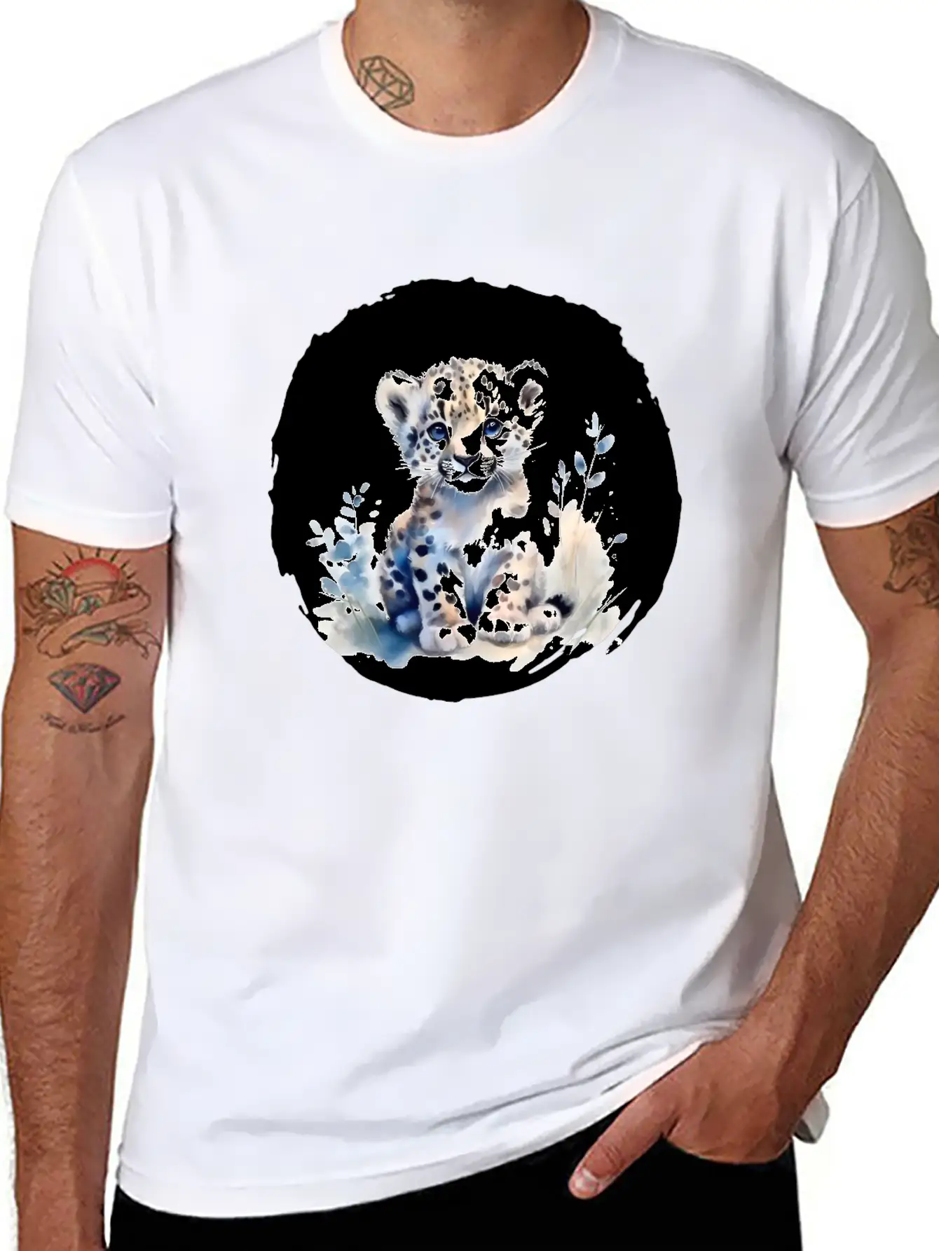 Snowy Leopard Watercolor Stylish Everyday T-Shirt – Unisex Basic Cotton Tee