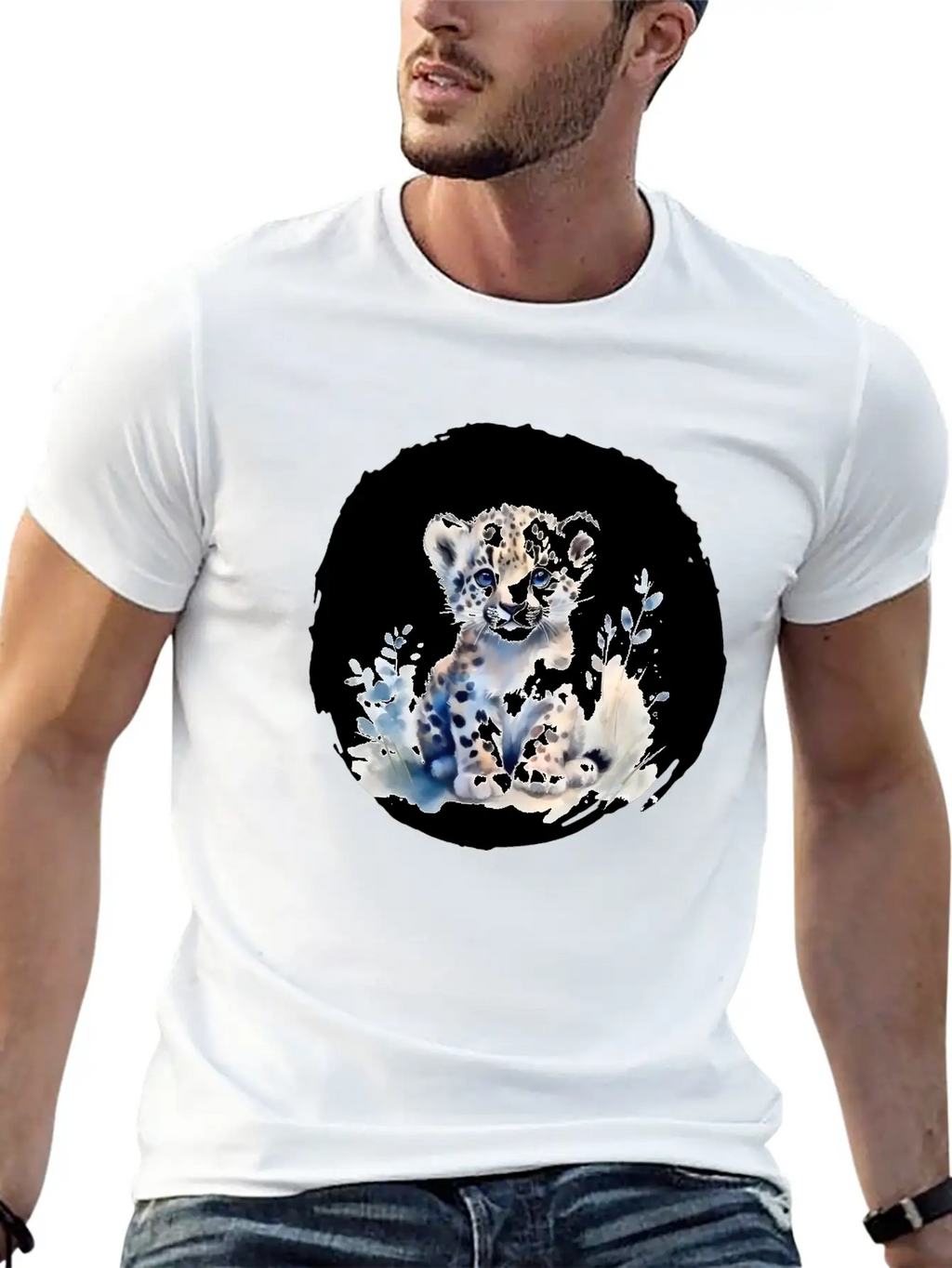 Snowy Leopard Watercolor Stylish Everyday T-Shirt – Unisex Basic Cotton Tee