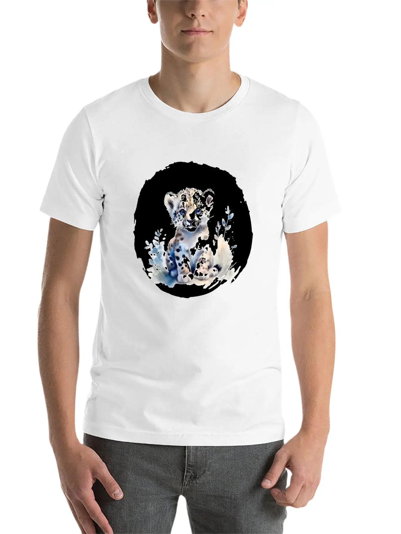 Snowy Leopard Watercolor Timeless Short Sleeve Tee – Comfy And Minimalist Design