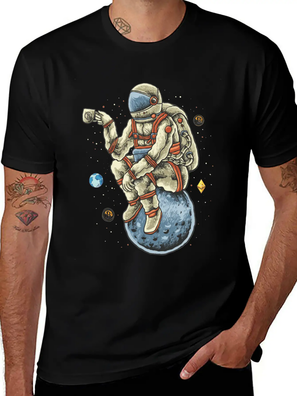 Space Man Chilling Coffee Moon Bitcoin Ethereum Unisex Casual T-Shirt – Clean Design For Daily Comfort