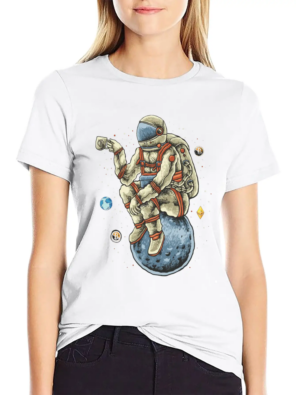 Space Man Chilling Coffee Moon Bitcoin Ethereum Unisex Casual T-Shirt – Clean Design For Daily Comfort