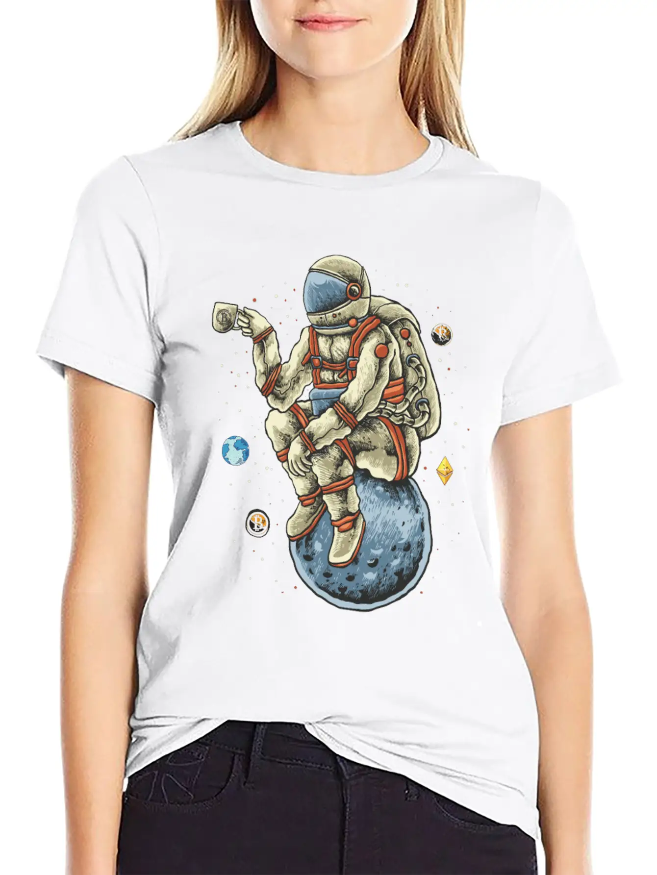 Space Man Chilling Coffee Moon Bitcoin Ethereum Unisex Casual T-Shirt – Clean Design For Daily Comfort
