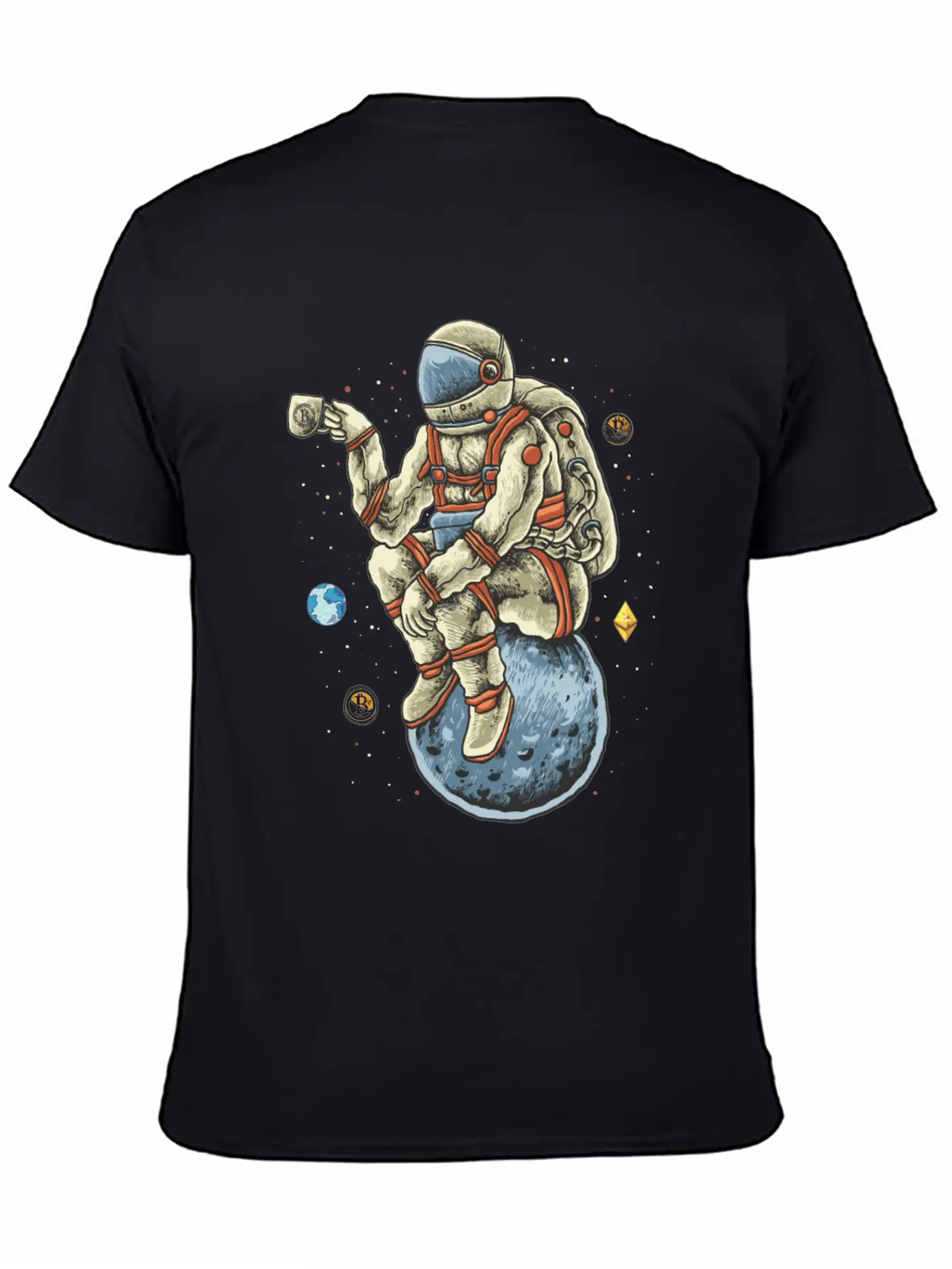 Space Man Chilling Coffee Moon Bitcoin Ethereum Unisex Casual T-Shirt – Clean Design For Daily Comfort