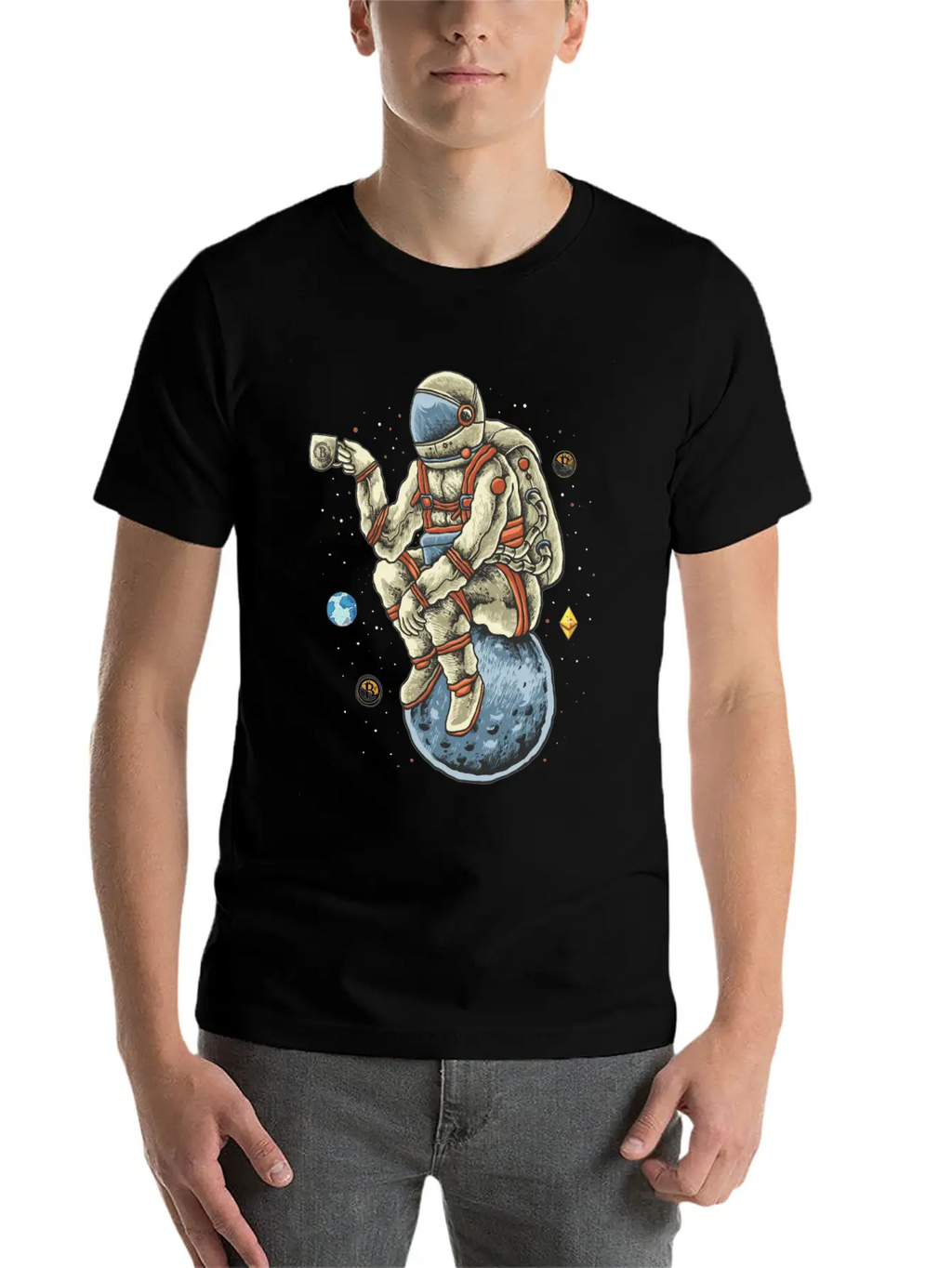 Space Man Chilling Coffee Moon Bitcoin Ethereum Unisex Casual T-Shirt – Clean Design For Daily Comfort